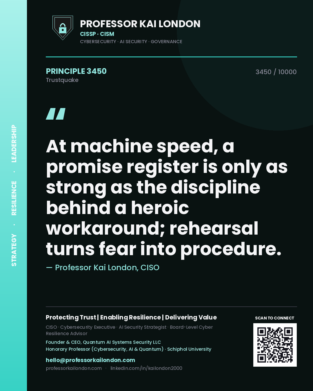 Quote card by Professor Kai London reading 'At machine speed, a promise register is only as strong as the discipline behind a heroic workaround; rehearsal turns fear into procedure.'. From the book Trustquake.