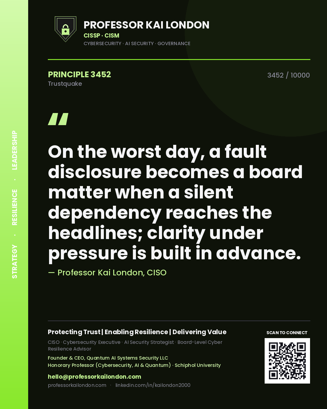 Quote card by Professor Kai London reading 'On the worst day, a fault disclosure becomes a board matter when a silent dependency reaches the headlines; clarity under pressure is built in advance.'. From the book Trustquake.