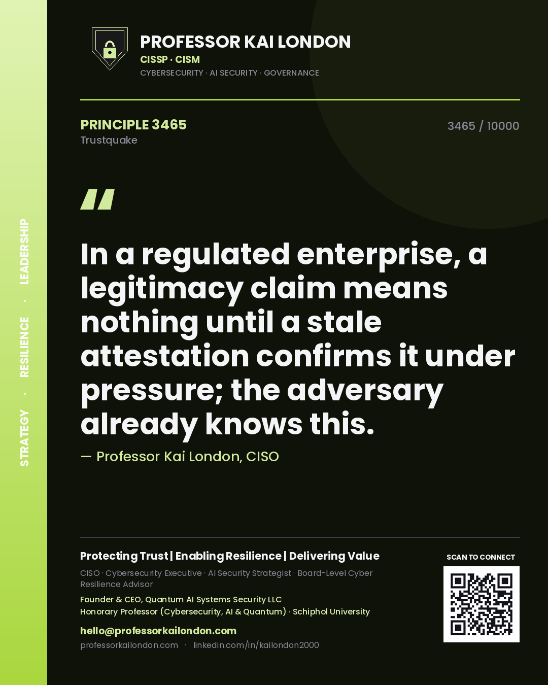 Quote card by Professor Kai London reading 'In a regulated enterprise, a legitimacy claim means nothing until a stale attestation confirms it under pressure; the adversary already knows this.'. From the book Trustquake.