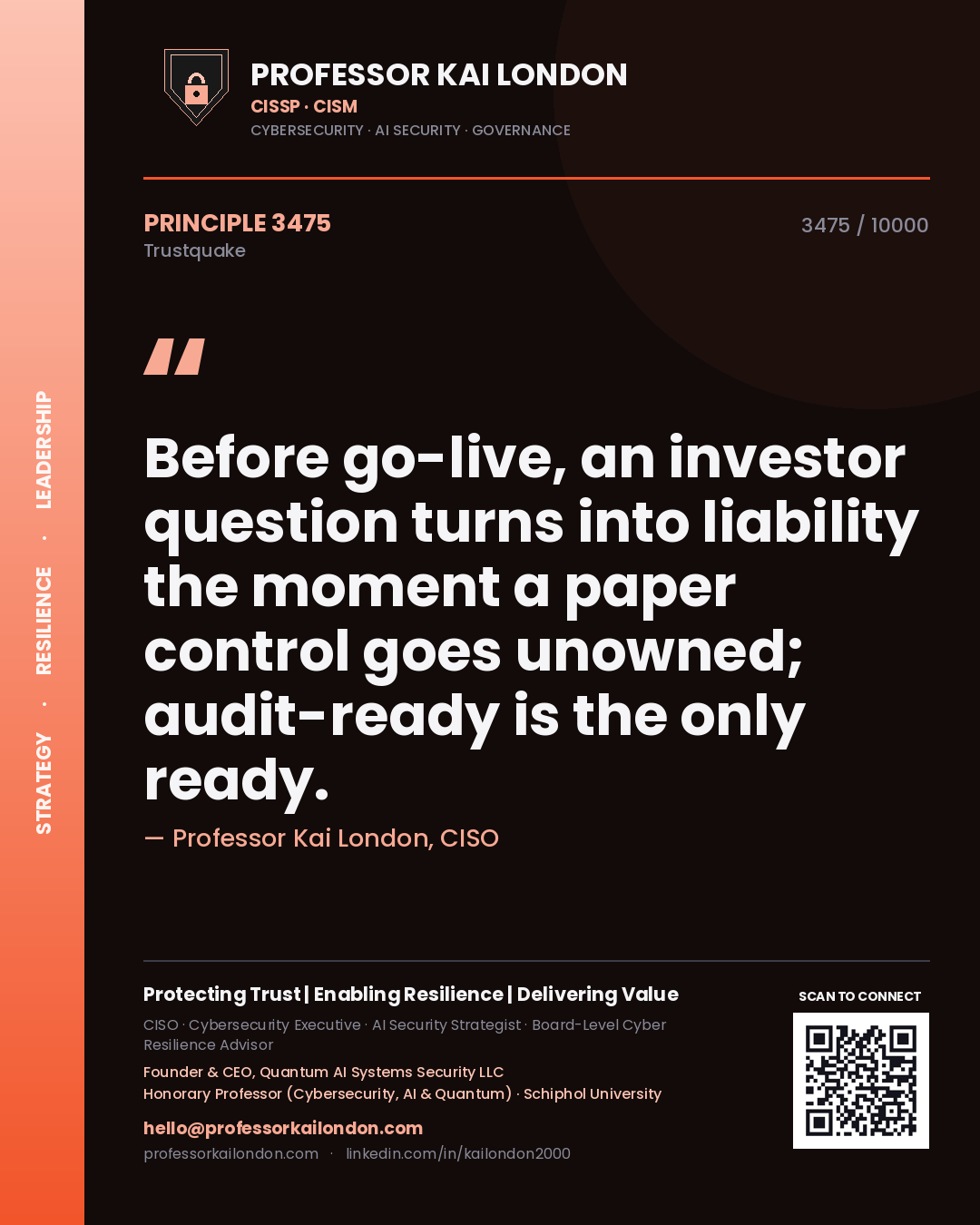 Quote card by Professor Kai London reading 'Before go-live, an investor question turns into liability the moment a paper control goes unowned; audit-ready is the only ready.'. From the book Trustquake.