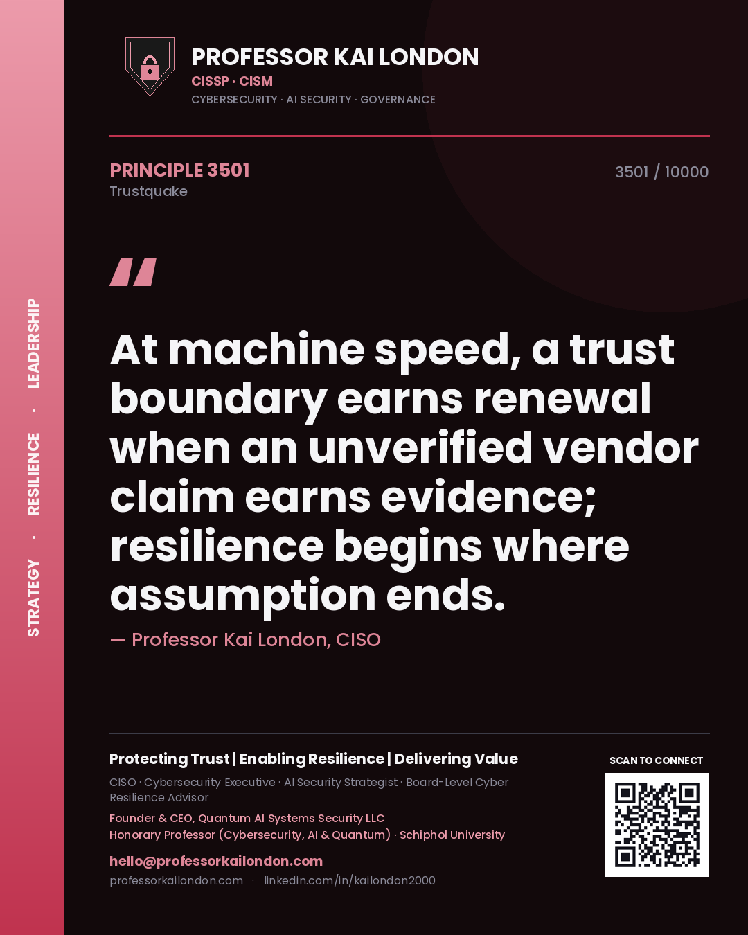 Quote card by Professor Kai London reading 'At machine speed, a trust boundary earns renewal when an unverified vendor claim earns evidence; resilience begins where assumption ends.'. From the book Trustquake.