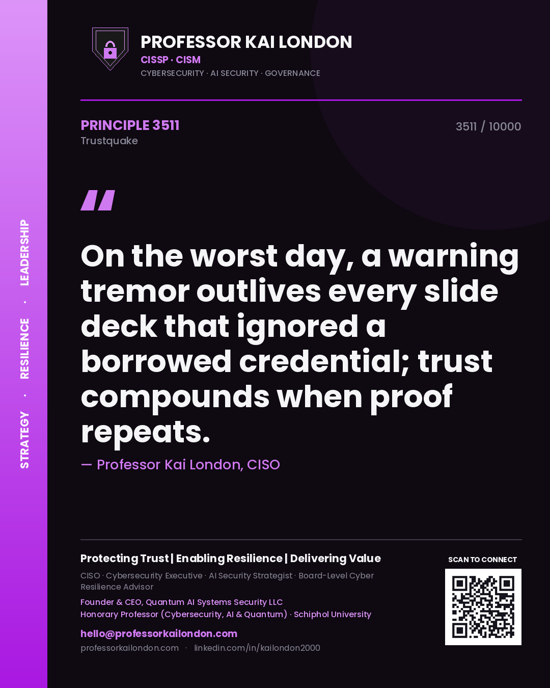 Quote card by Professor Kai London reading 'On the worst day, a warning tremor outlives every slide deck that ignored a borrowed credential; trust compounds when proof repeats.'. From the book Trustquake.