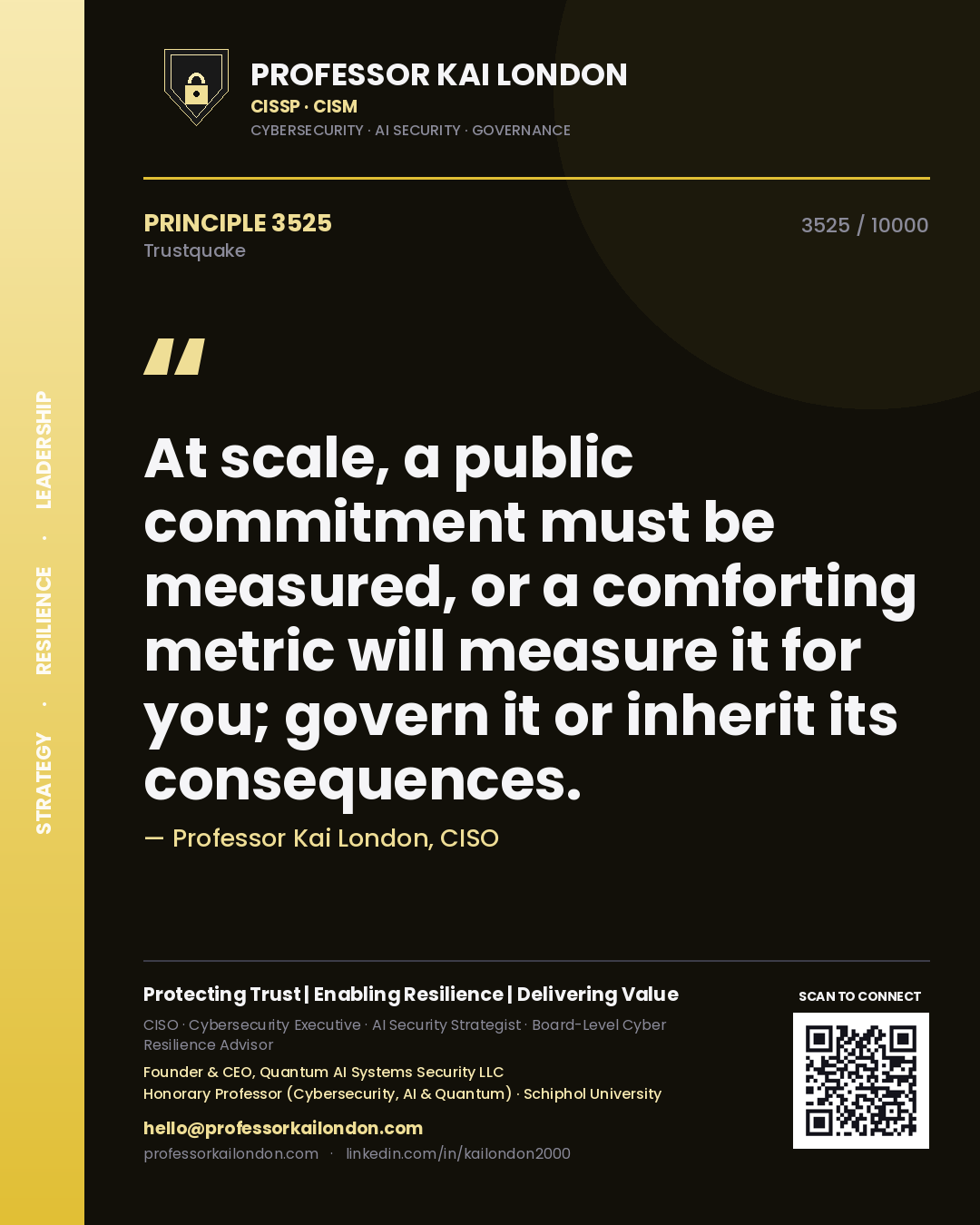 Professor Kai London principle 3525: At scale, a public commitment must be measured, or a comforting metric will measure it for you; govern it or inherit its consequences.