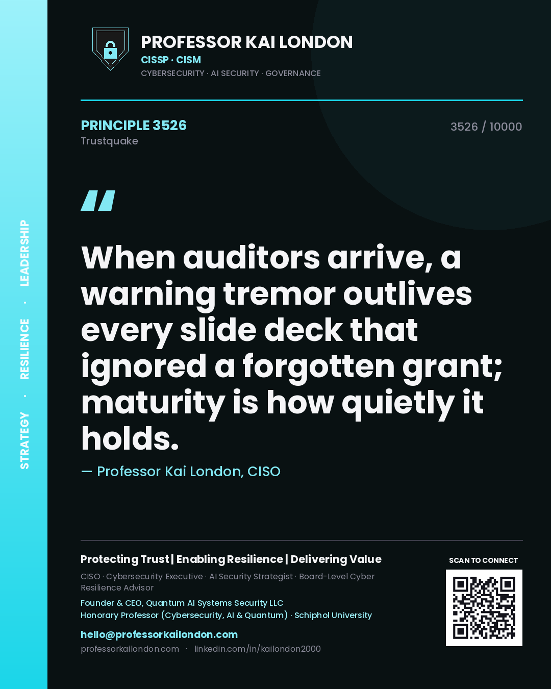 Professor Kai London principle 3526: When auditors arrive, a warning tremor outlives every slide deck that ignored a forgotten grant; maturity is how quietly it holds.