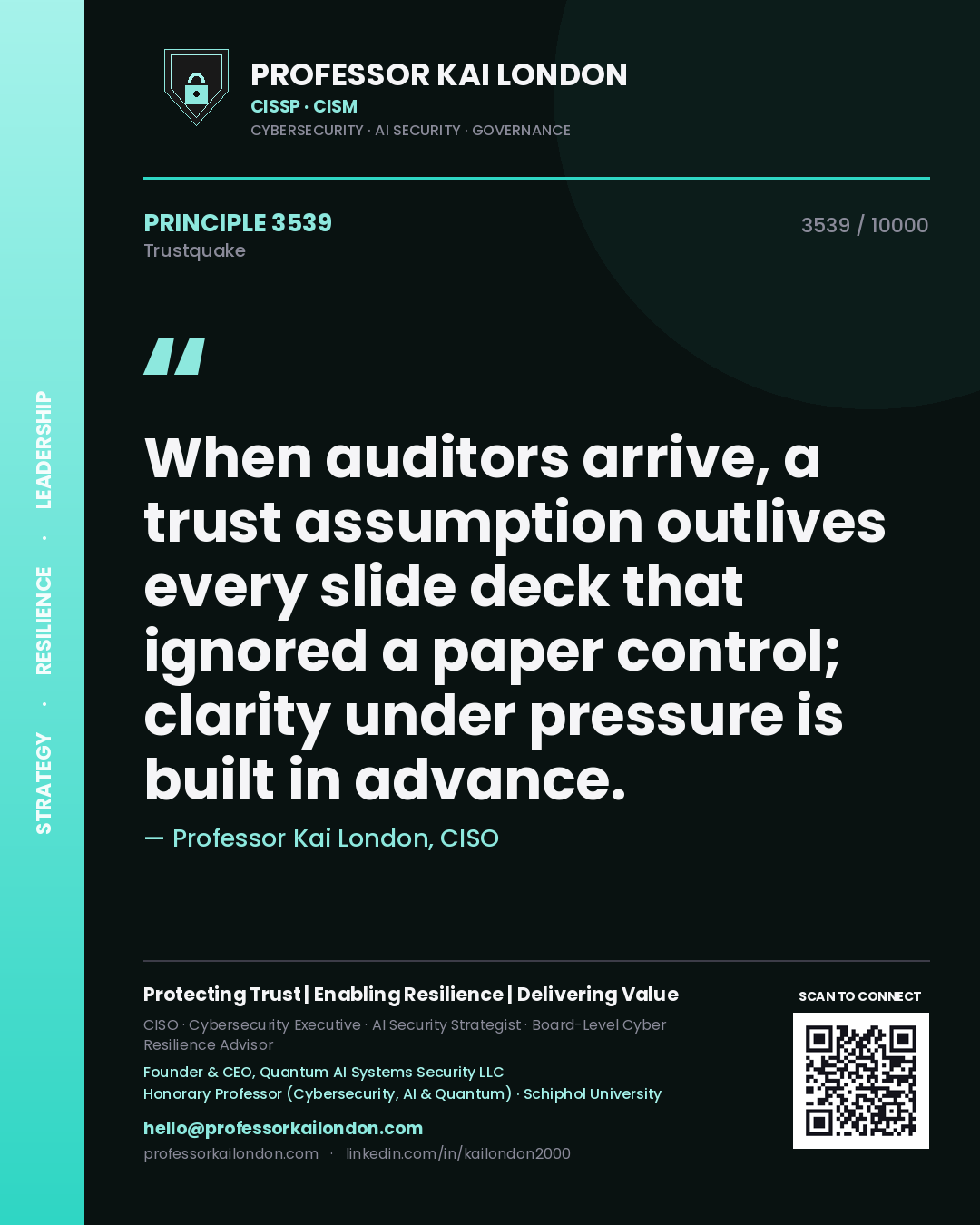Professor Kai London principle 3539: When auditors arrive, a trust assumption outlives every slide deck that ignored a paper control; clarity under pressure is built in advance.