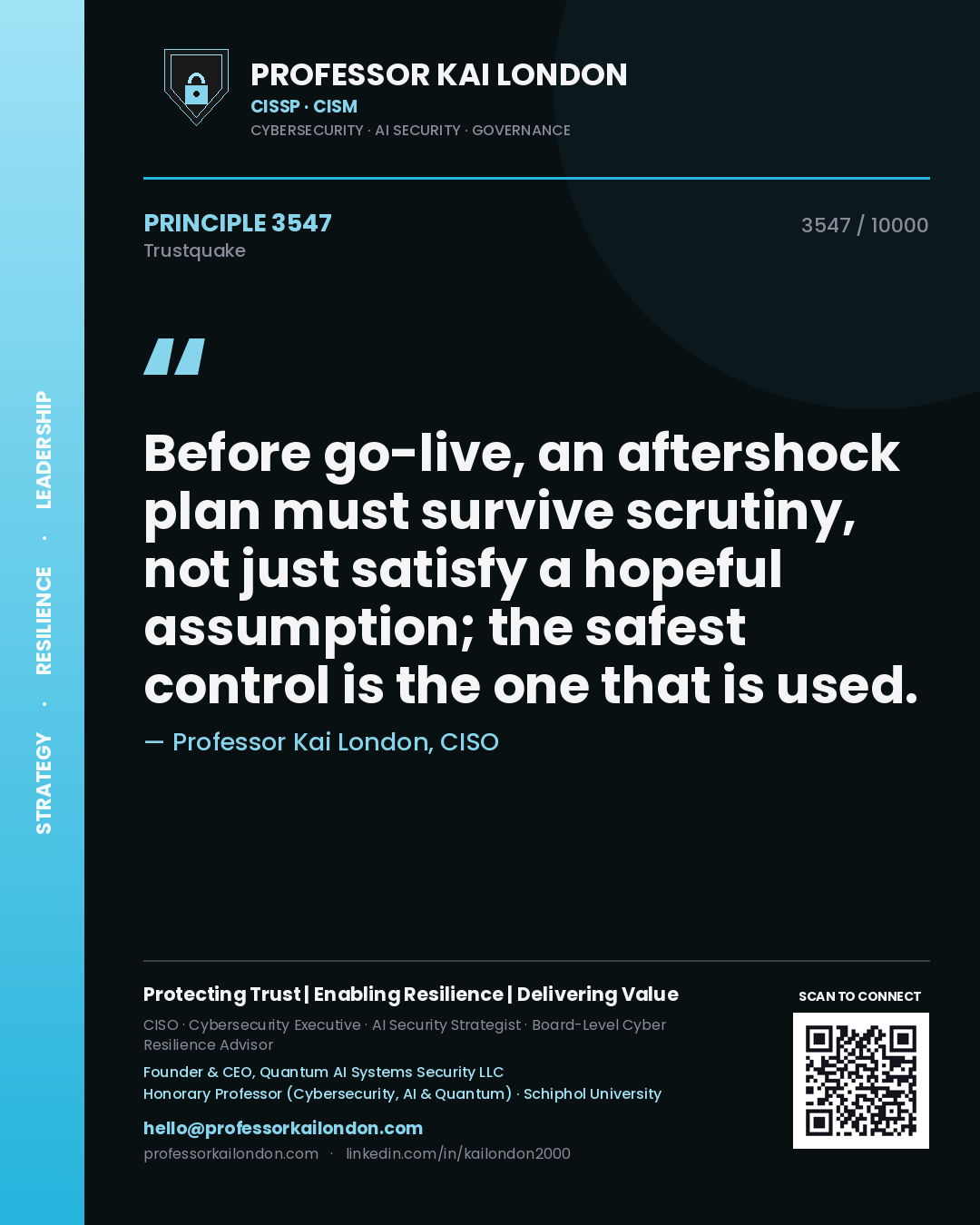 Professor Kai London principle 3547: Before go-live, an aftershock plan must survive scrutiny, not just satisfy a hopeful assumption; the safest control is the one that is used.