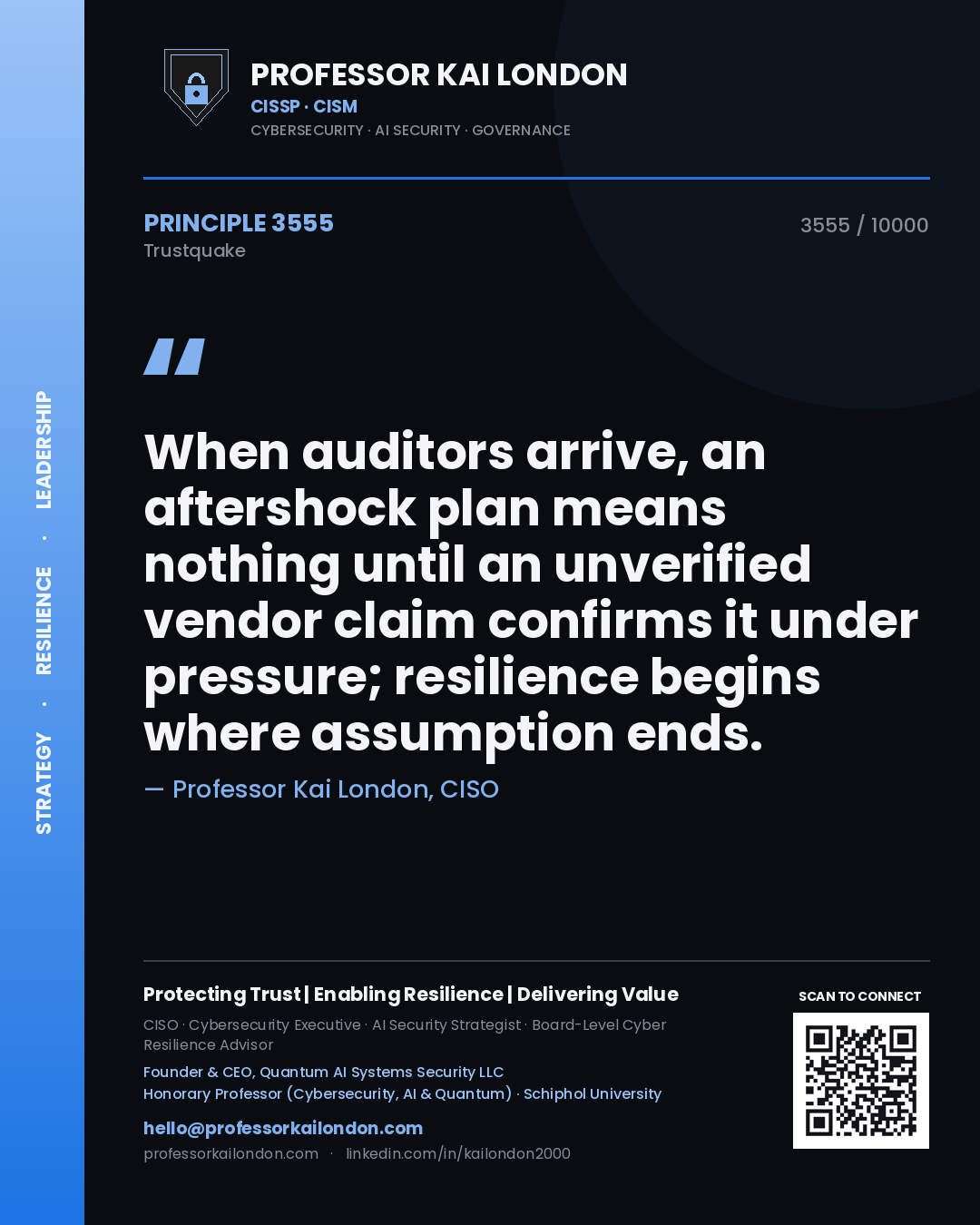 Quote card by Professor Kai London reading 'When auditors arrive, an aftershock plan means nothing until an unverified vendor claim confirms it under pressure; resilience begins where assumption ends.'. From the book Trustquake.