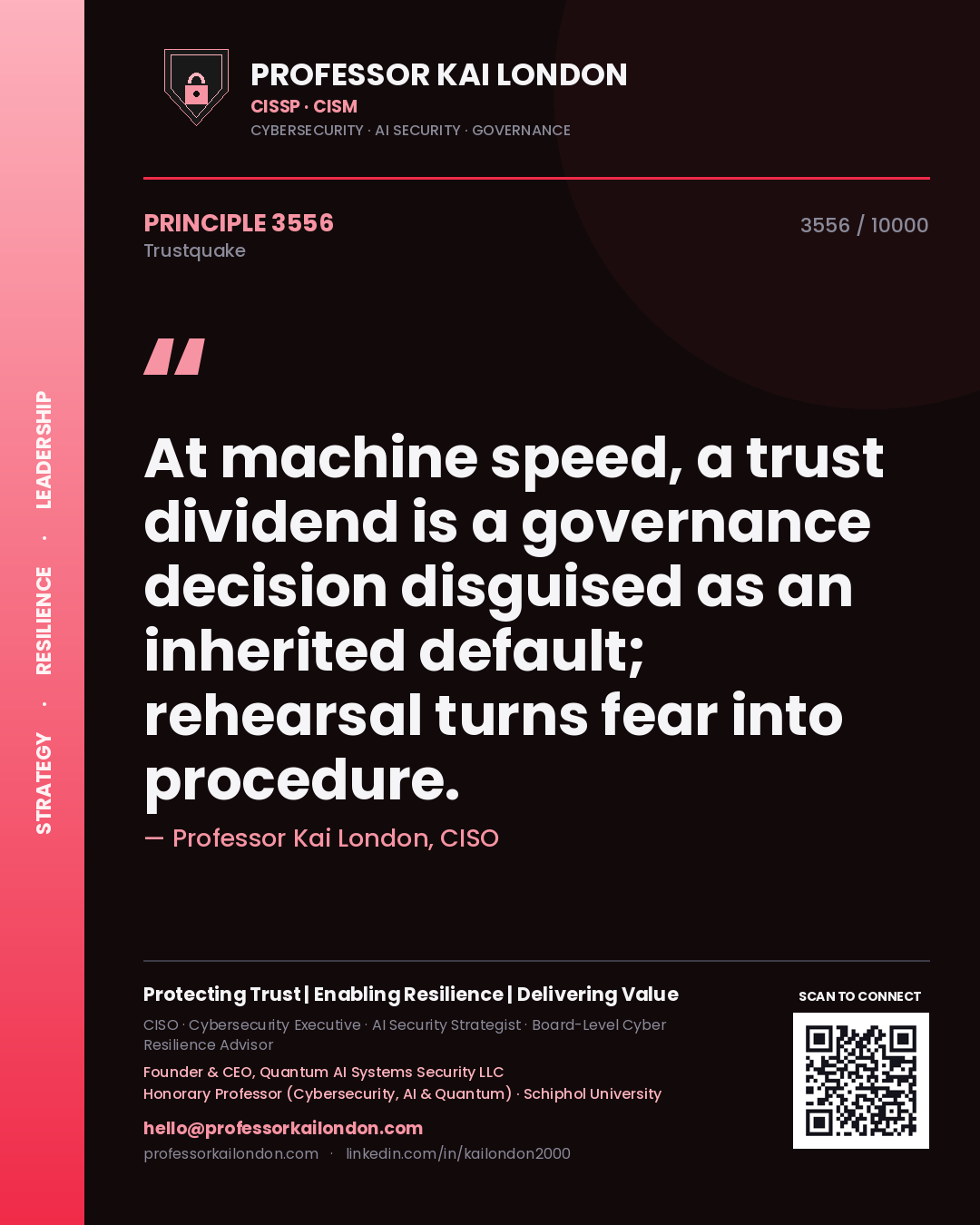 Professor Kai London principle 3556: At machine speed, a trust dividend is a governance decision disguised as an inherited default; rehearsal turns fear into procedure.