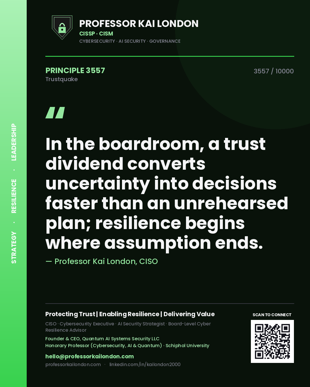 Quote card by Professor Kai London reading 'In the boardroom, a trust dividend converts uncertainty into decisions faster than an unrehearsed plan; resilience begins where assumption ends.'. From the book Trustquake.