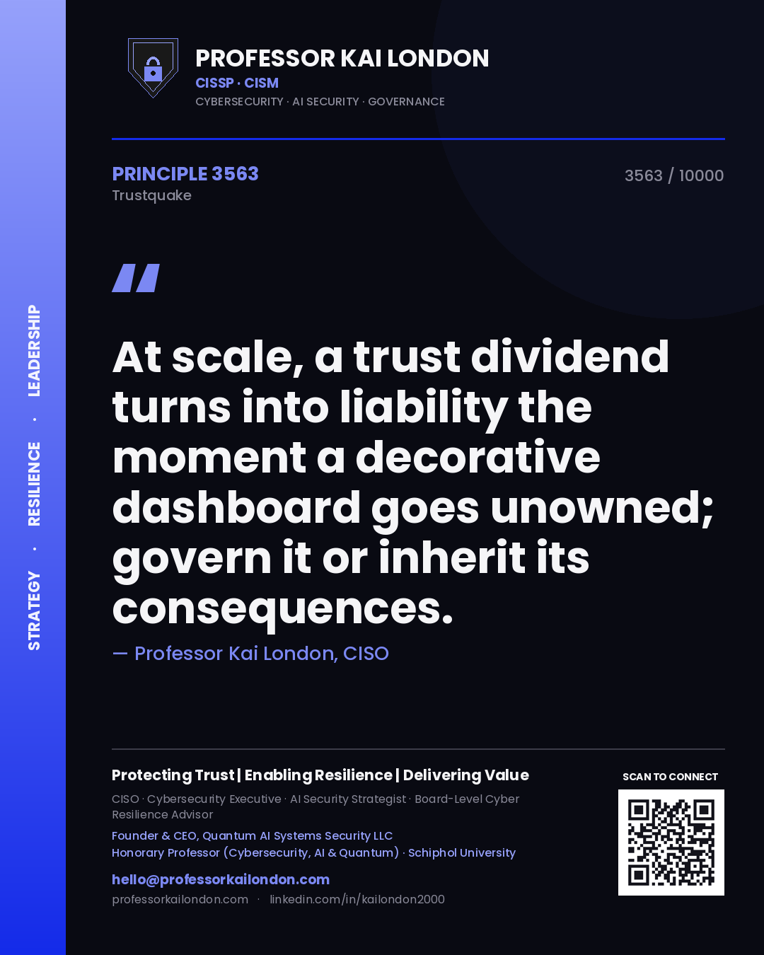 Quote card by Professor Kai London reading 'At scale, a trust dividend turns into liability the moment a decorative dashboard goes unowned; govern it or inherit its consequences.'. From the book Trustquake.