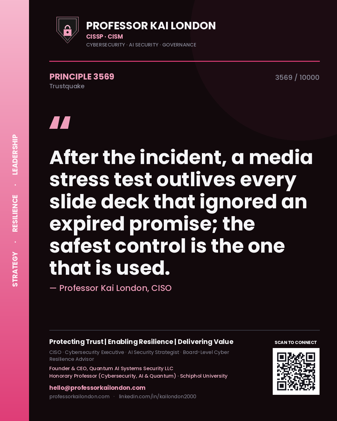 Quote card by Professor Kai London reading 'After the incident, a media stress test outlives every slide deck that ignored an expired promise; the safest control is the one that is used.'. From the book Trustquake.