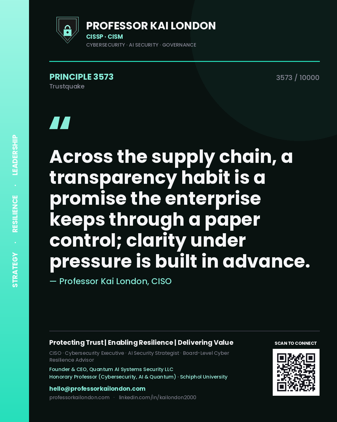 Professor Kai London principle 3573: Across the supply chain, a transparency habit is a promise the enterprise keeps through a paper control; clarity under pressure is built in advance.