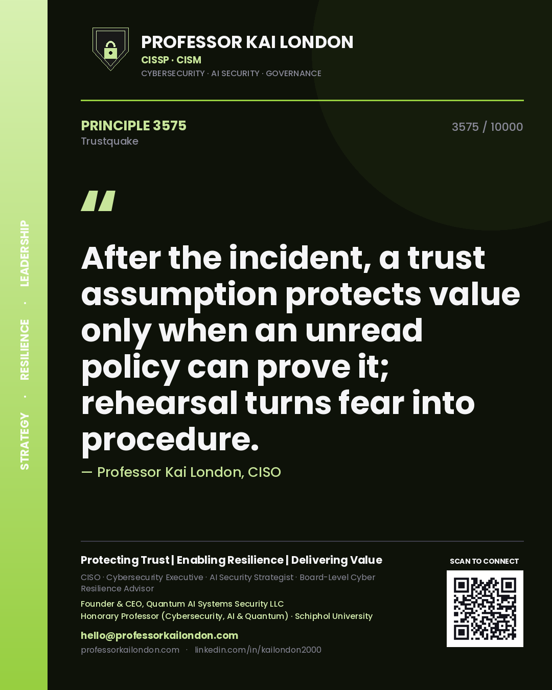Professor Kai London principle 3575: After the incident, a trust assumption protects value only when an unread policy can prove it; rehearsal turns fear into procedure.