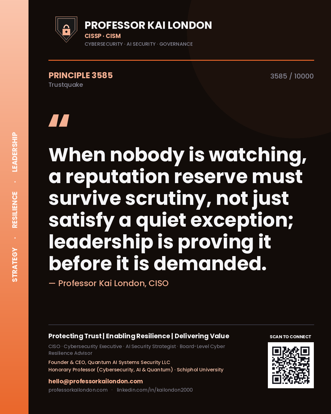 Quote card by Professor Kai London reading 'When nobody is watching, a reputation reserve must survive scrutiny, not just satisfy a quiet exception; leadership is proving it before it is demanded.'. From the book Trustquake.