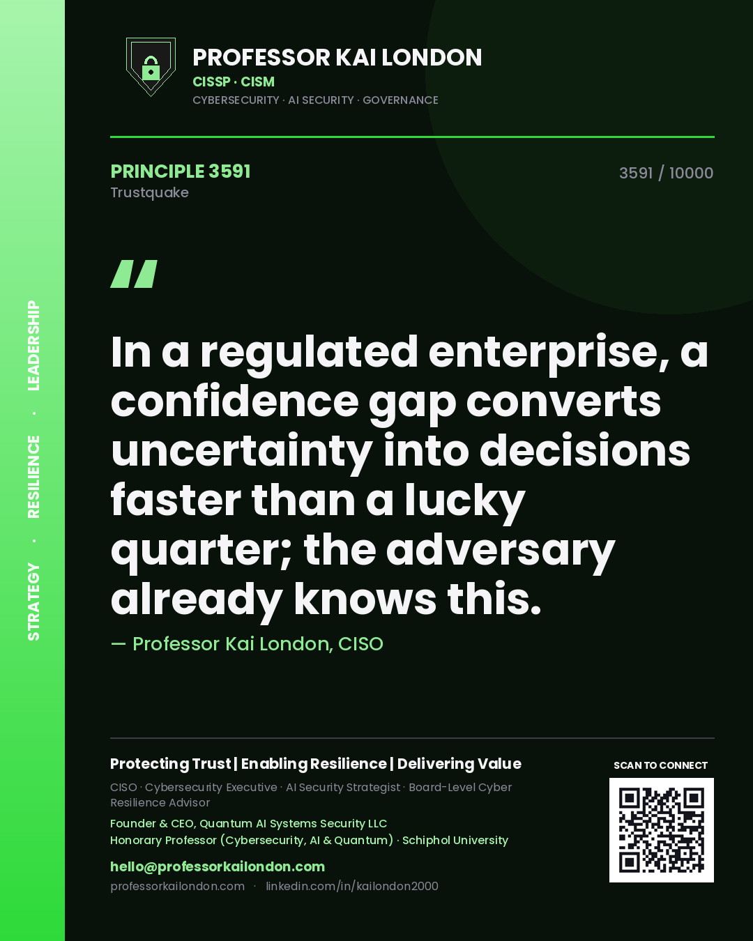 Quote card by Professor Kai London reading 'In a regulated enterprise, a confidence gap converts uncertainty into decisions faster than a lucky quarter; the adversary already knows this.'. From the book Trustquake.