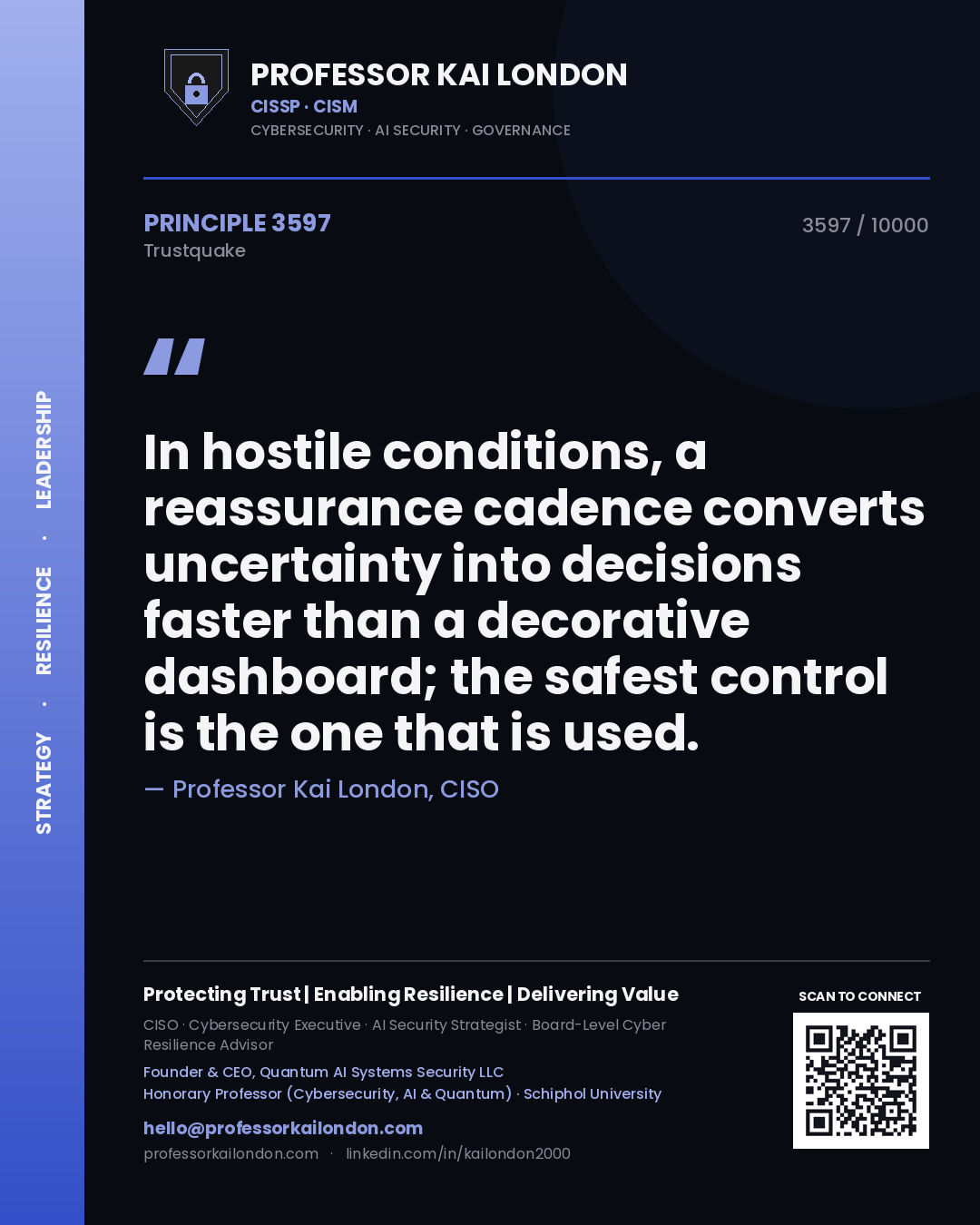 Quote card by Professor Kai London reading 'In hostile conditions, a reassurance cadence converts uncertainty into decisions faster than a decorative dashboard; the safest control is the one that is used.'. From the book Trustquake.