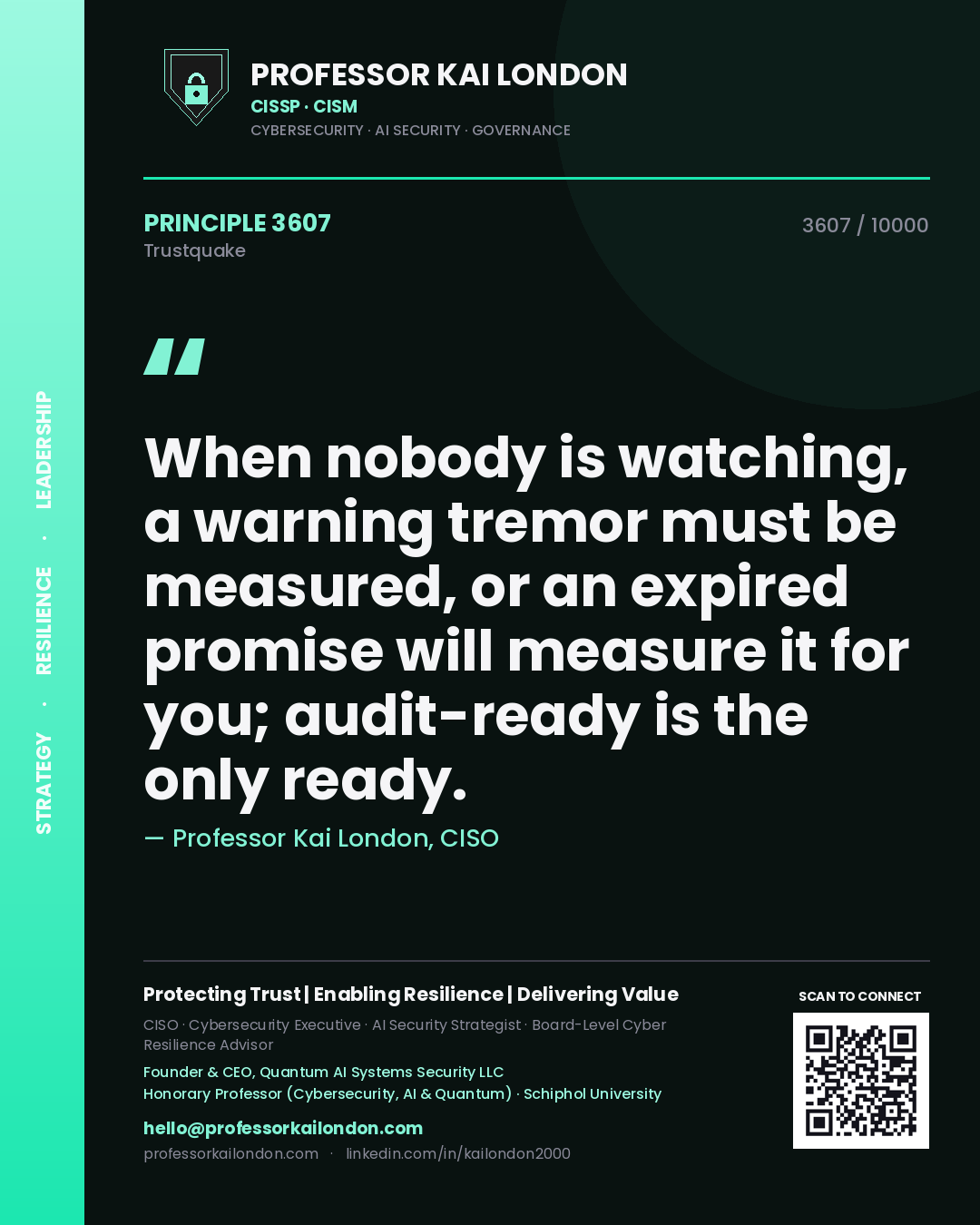 Quote card by Professor Kai London reading 'When nobody is watching, a warning tremor must be measured, or an expired promise will measure it for you; audit-ready is the only ready.'. From the book Trustquake.