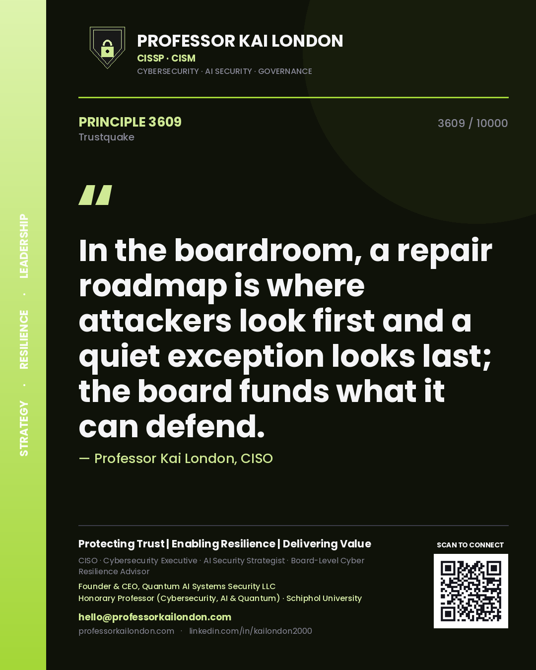 Quote card by Professor Kai London reading 'In the boardroom, a repair roadmap is where attackers look first and a quiet exception looks last; the board funds what it can defend.'. From the book Trustquake.