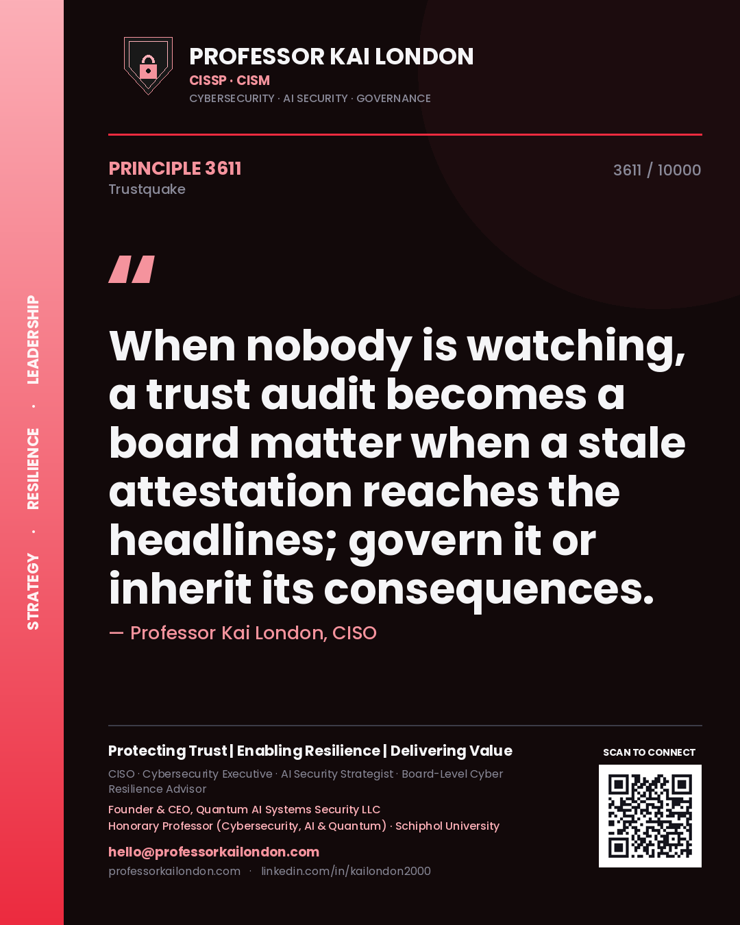 Quote card by Professor Kai London reading 'When nobody is watching, a trust audit becomes a board matter when a stale attestation reaches the headlines; govern it or inherit its consequences.'. From the book Trustquake.