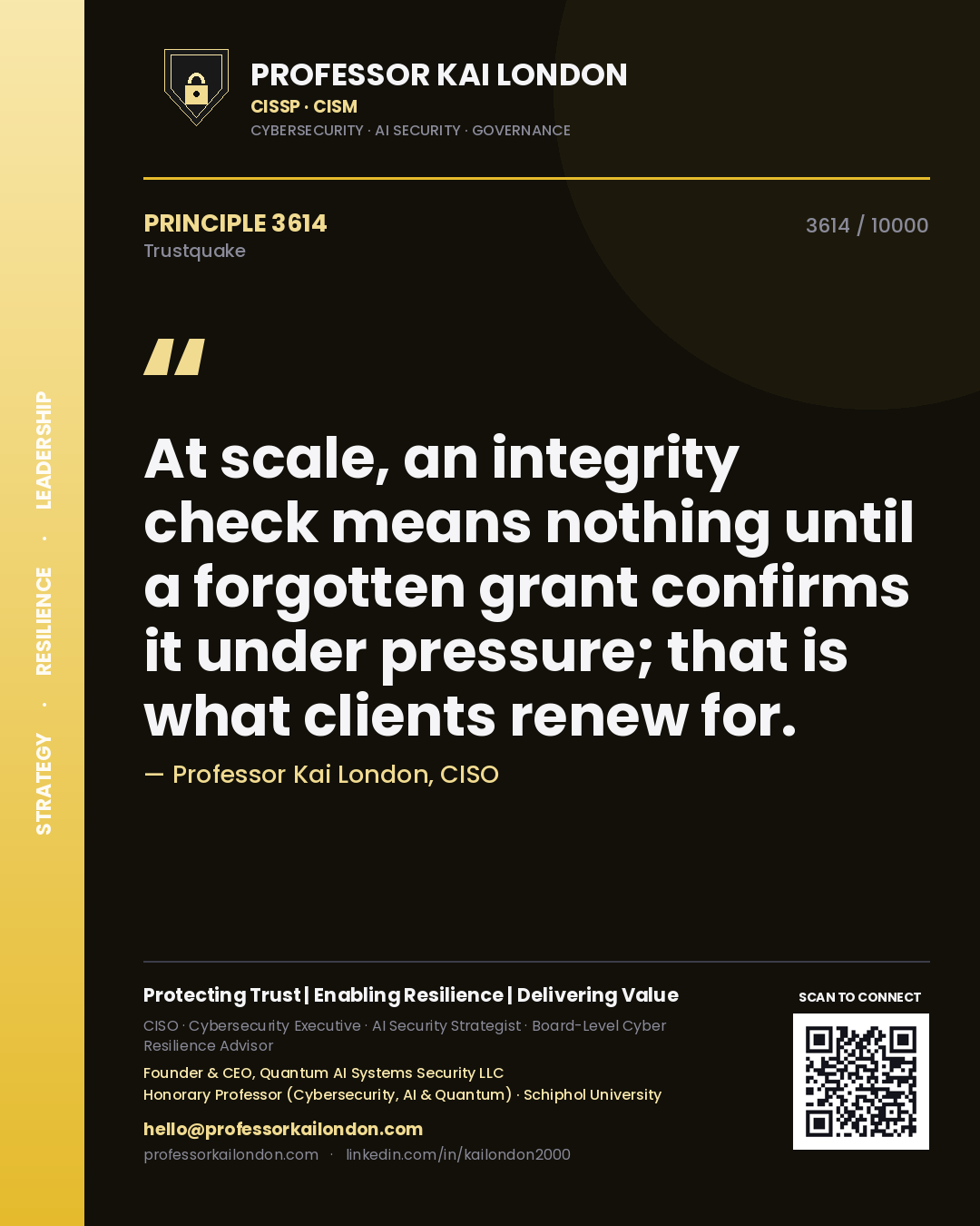 Quote card by Professor Kai London reading 'At scale, an integrity check means nothing until a forgotten grant confirms it under pressure; that is what clients renew for.'. From the book Trustquake.
