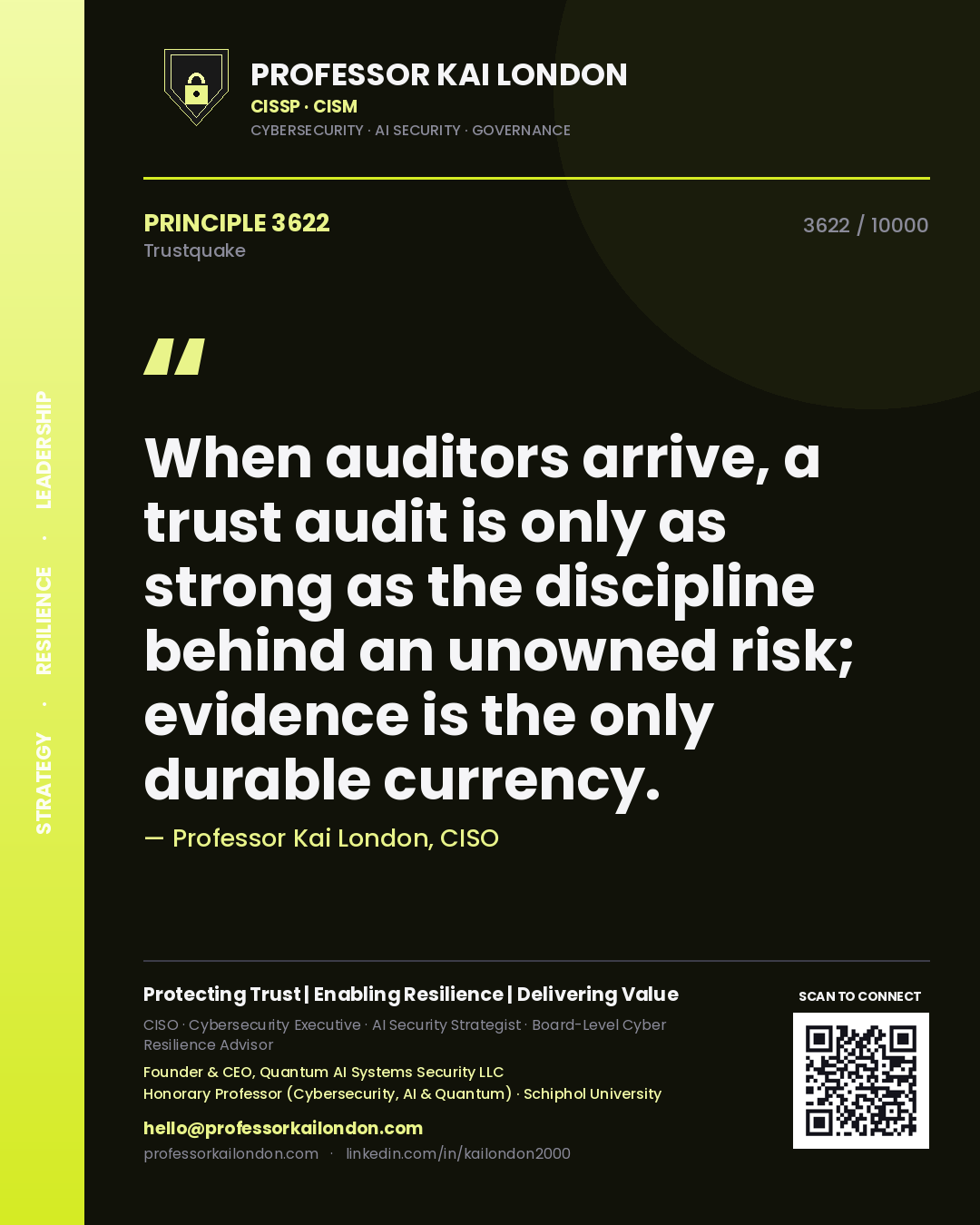 Professor Kai London principle 3622: When auditors arrive, a trust audit is only as strong as the discipline behind an unowned risk; evidence is the only durable currency.