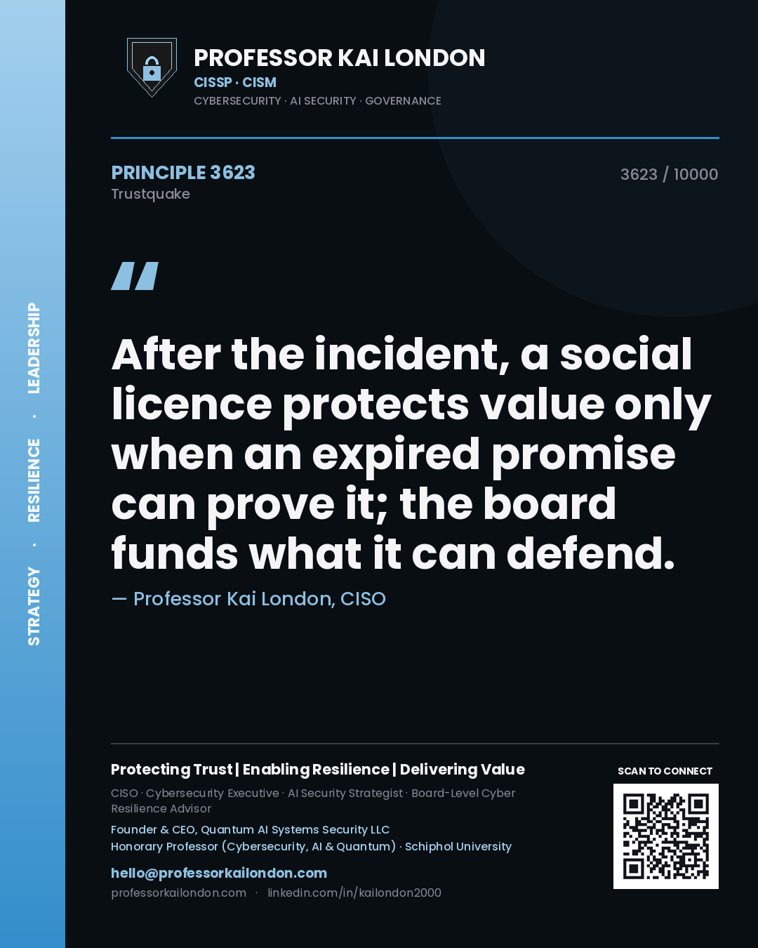 Quote card by Professor Kai London reading 'After the incident, a social licence protects value only when an expired promise can prove it; the board funds what it can defend.'. From the book Trustquake.