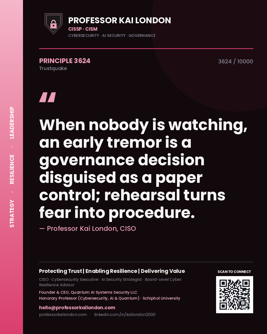 Quote card by Professor Kai London reading 'When nobody is watching, an early tremor is a governance decision disguised as a paper control; rehearsal turns fear into procedure.'. From the book Trustquake.