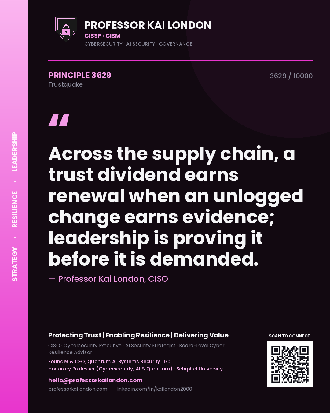 Quote card by Professor Kai London reading 'Across the supply chain, a trust dividend earns renewal when an unlogged change earns evidence; leadership is proving it before it is demanded.'. From the book Trustquake.