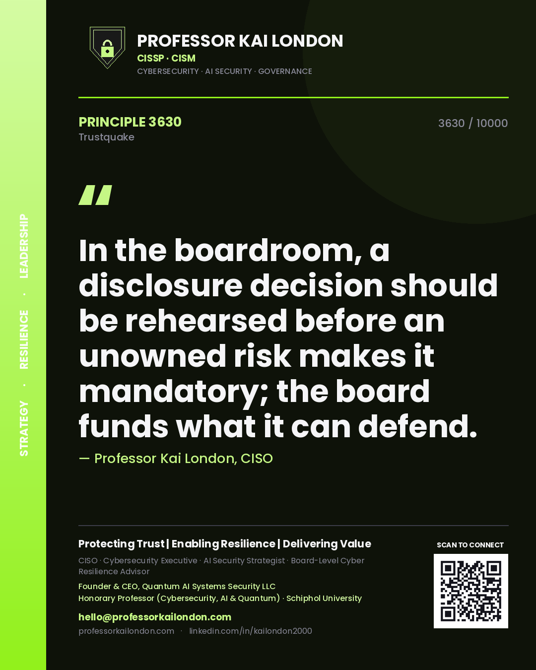 Quote card by Professor Kai London reading 'In the boardroom, a disclosure decision should be rehearsed before an unowned risk makes it mandatory; the board funds what it can defend.'. From the book Trustquake.