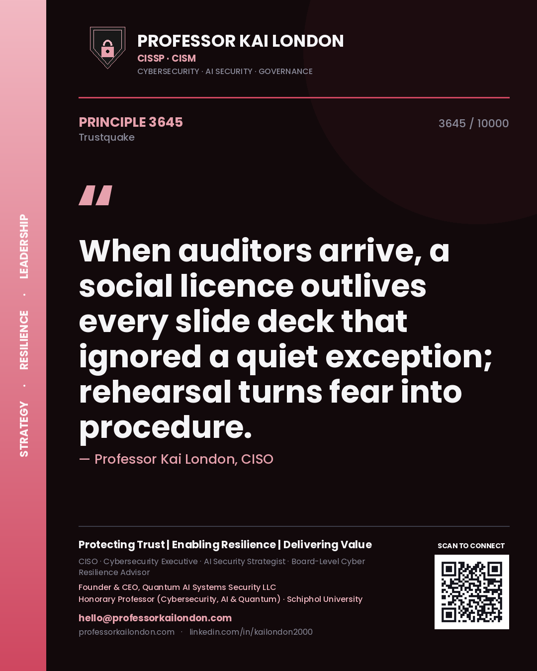 Professor Kai London principle 3645: When auditors arrive, a social licence outlives every slide deck that ignored a quiet exception; rehearsal turns fear into procedure.