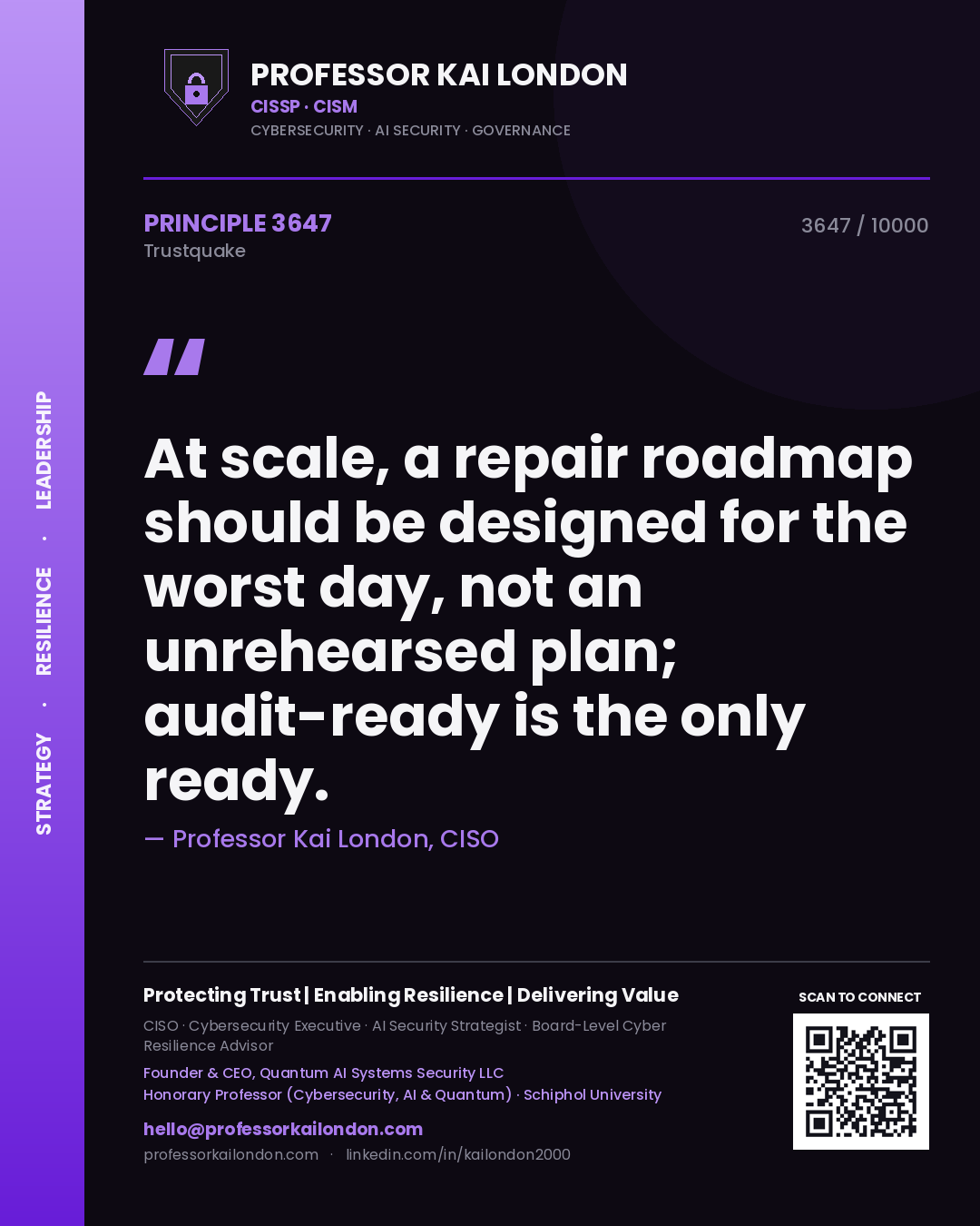 Quote card by Professor Kai London reading 'At scale, a repair roadmap should be designed for the worst day, not an unrehearsed plan; audit-ready is the only ready.'. From the book Trustquake.