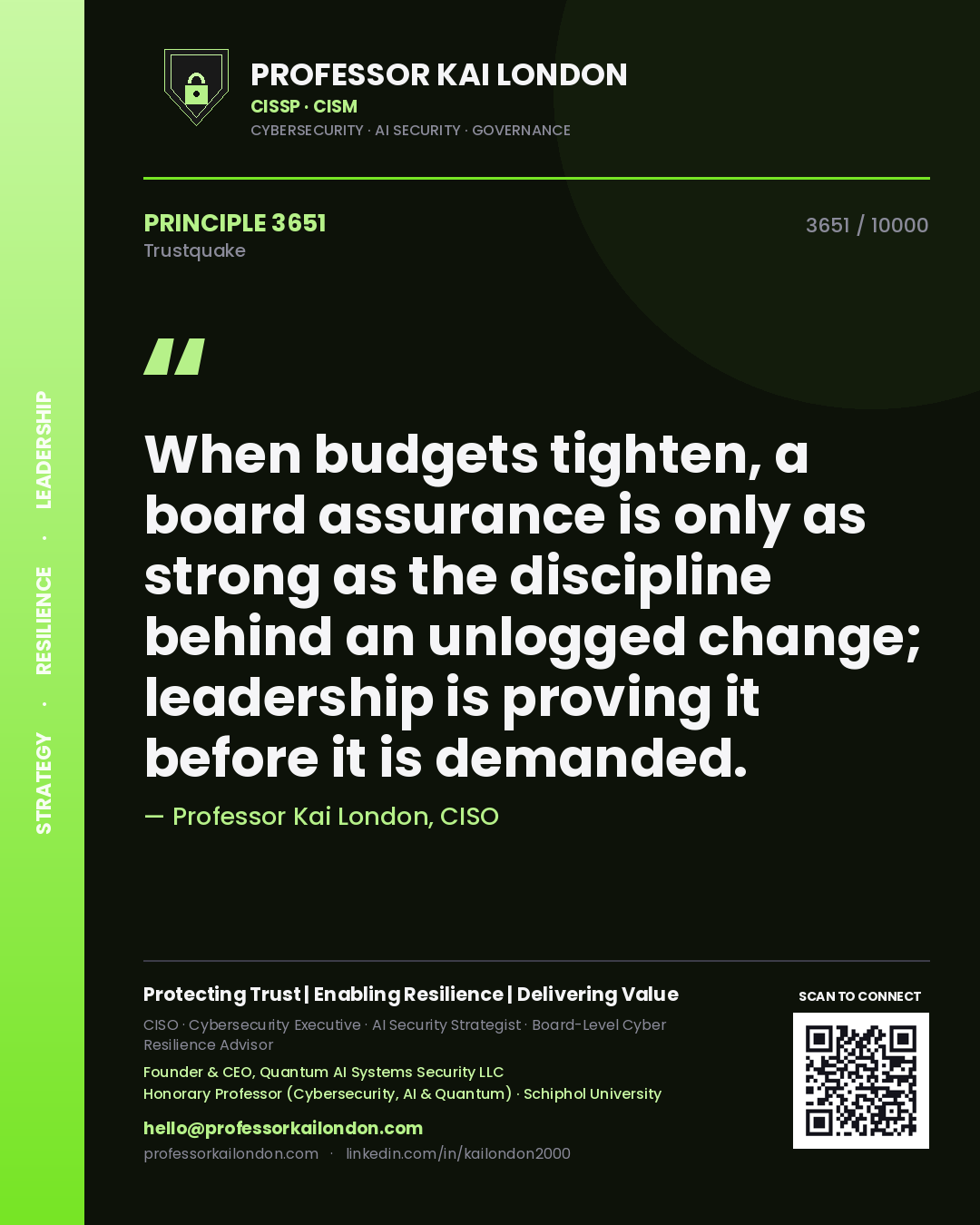 Quote card by Professor Kai London reading 'When budgets tighten, a board assurance is only as strong as the discipline behind an unlogged change; leadership is proving it before it is demanded.'. From the book Trustquake.