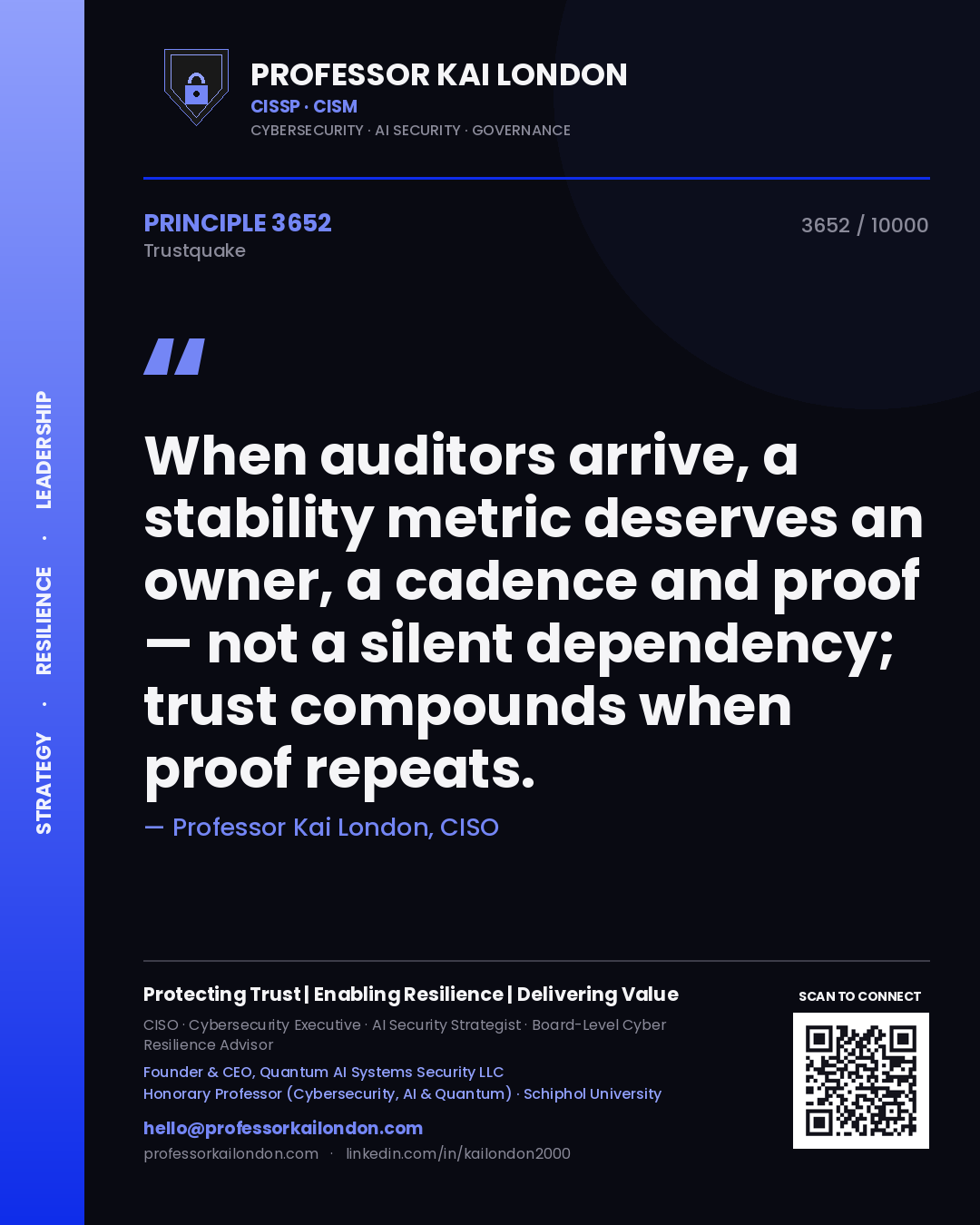 Quote card by Professor Kai London reading 'When auditors arrive, a stability metric deserves an owner, a cadence and proof — not a silent dependency; trust compounds when proof repeats.'. From the book Trustquake.
