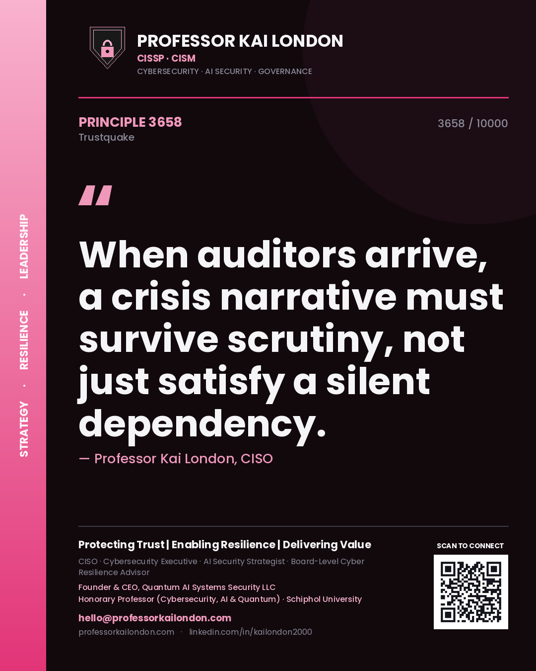 Quote card by Professor Kai London reading 'When auditors arrive, a crisis narrative must survive scrutiny, not just satisfy a silent dependency.'. From the book Trustquake.