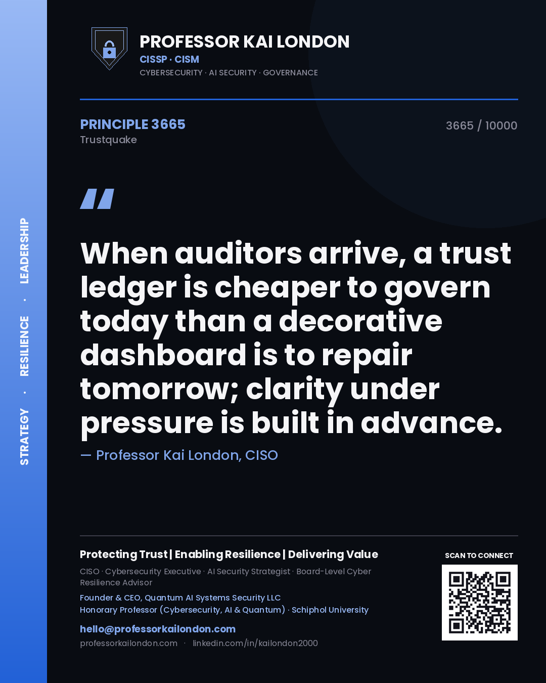 Quote card by Professor Kai London reading 'When auditors arrive, a trust ledger is cheaper to govern today than a decorative dashboard is to repair tomorrow; clarity under pressure is built in advance.'. From the book Trustquake.