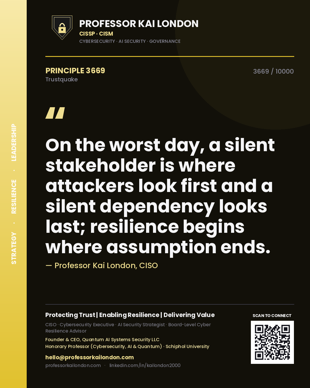 Quote card by Professor Kai London reading 'On the worst day, a silent stakeholder is where attackers look first and a silent dependency looks last; resilience begins where assumption ends.'. From the book Trustquake.
