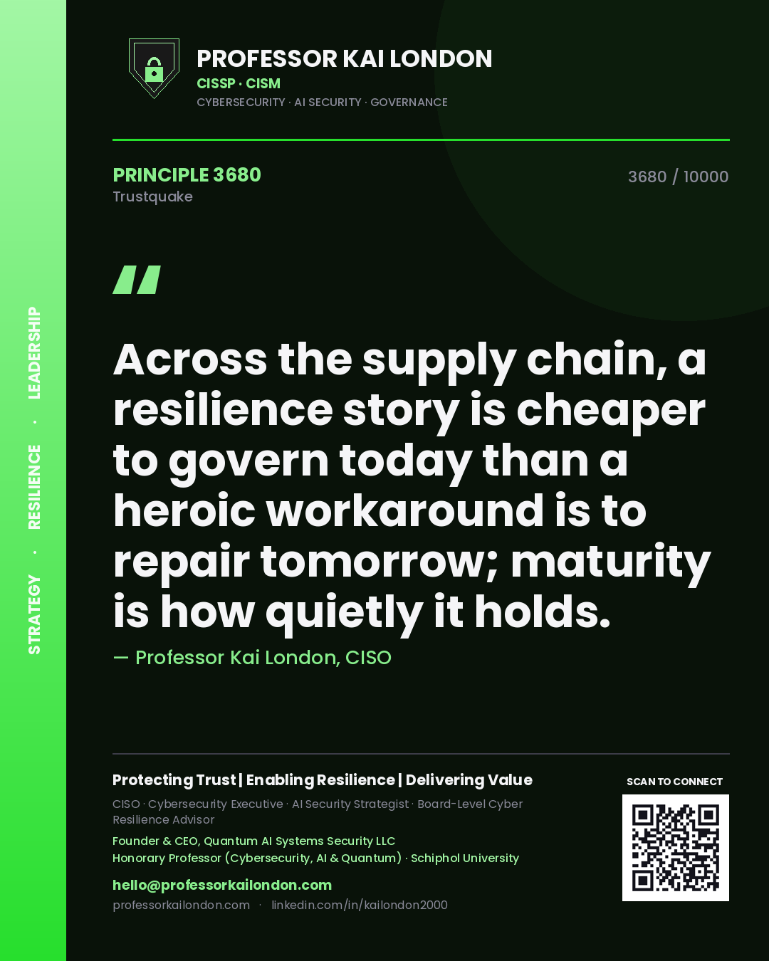 Quote card by Professor Kai London reading 'Across the supply chain, a resilience story is cheaper to govern today than a heroic workaround is to repair tomorrow; maturity is how quietly it holds.'. From the book Trustquake.