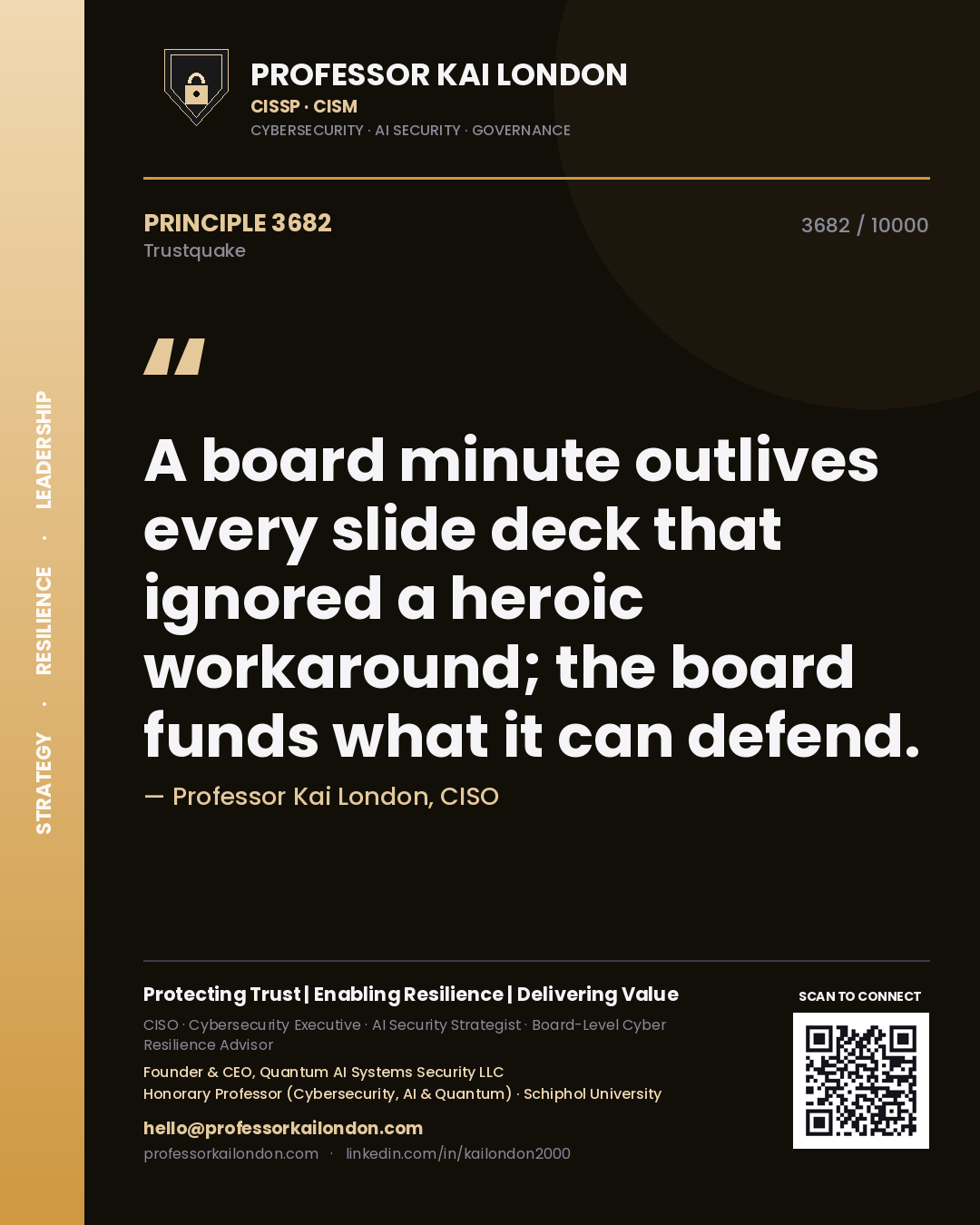 Quote card by Professor Kai London reading 'A board minute outlives every slide deck that ignored a heroic workaround; the board funds what it can defend.'. From the book Trustquake.