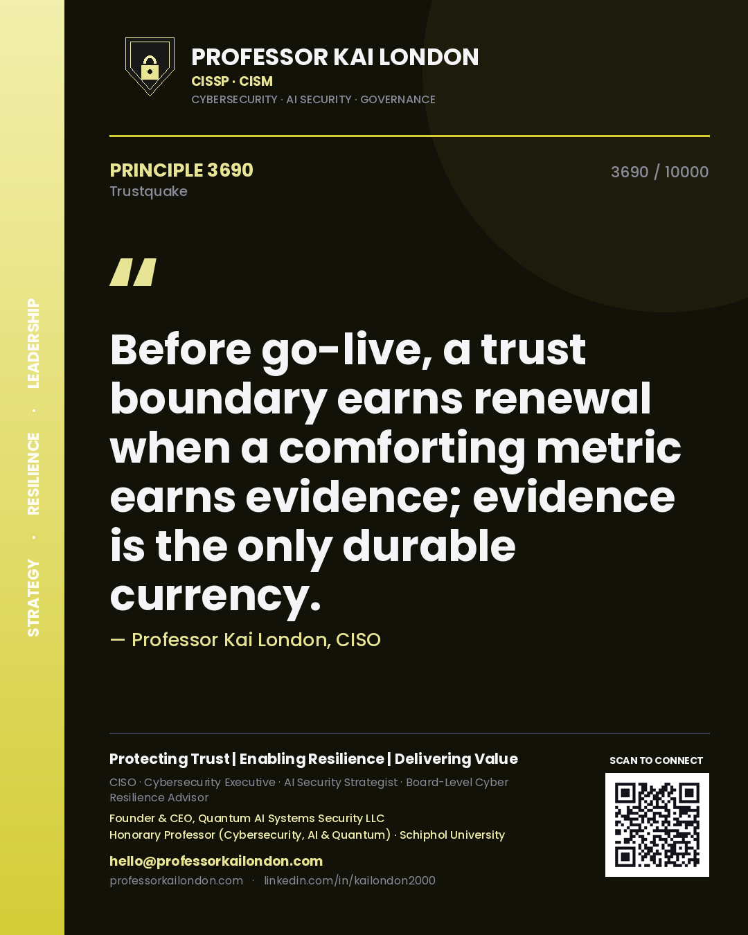 Professor Kai London principle 3690: Before go-live, a trust boundary earns renewal when a comforting metric earns evidence; evidence is the only durable currency.