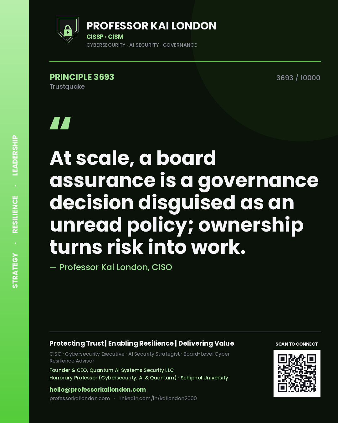 Professor Kai London principle 3693: At scale, a board assurance is a governance decision disguised as an unread policy; ownership turns risk into work.