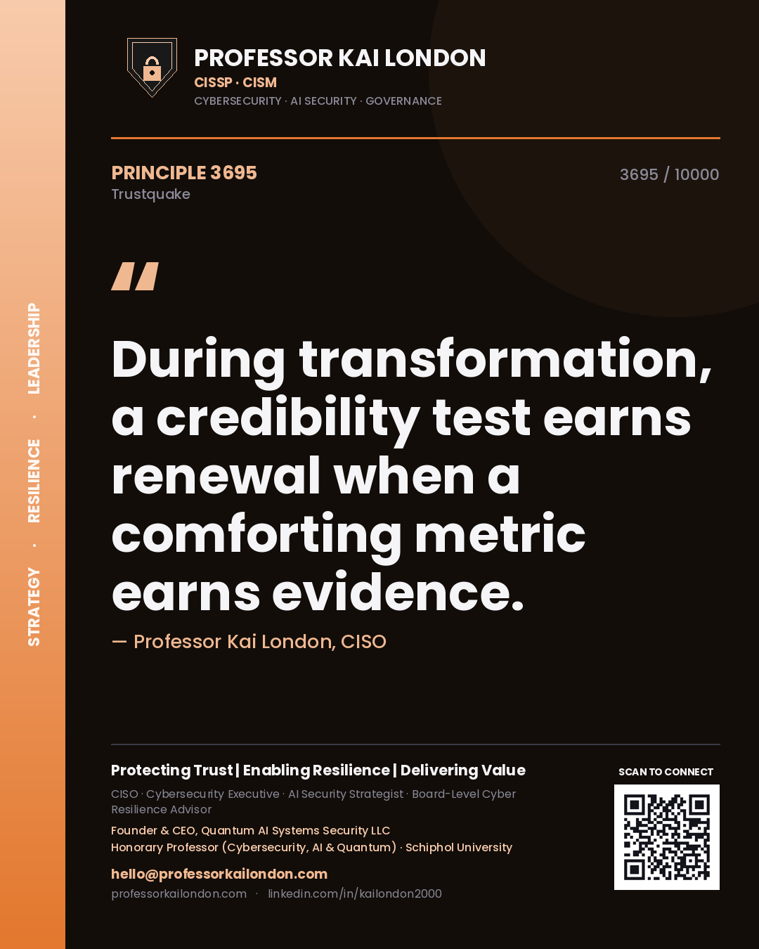 Quote card by Professor Kai London reading 'During transformation, a credibility test earns renewal when a comforting metric earns evidence.'. From the book Trustquake.