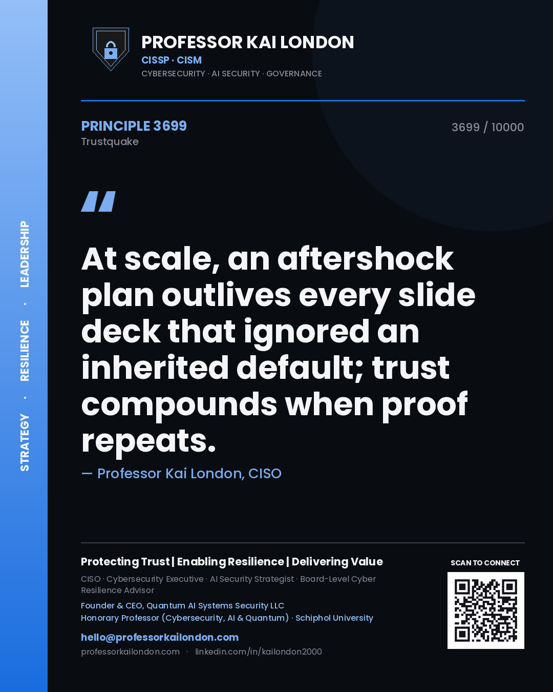 Quote card by Professor Kai London reading 'At scale, an aftershock plan outlives every slide deck that ignored an inherited default; trust compounds when proof repeats.'. From the book Trustquake.