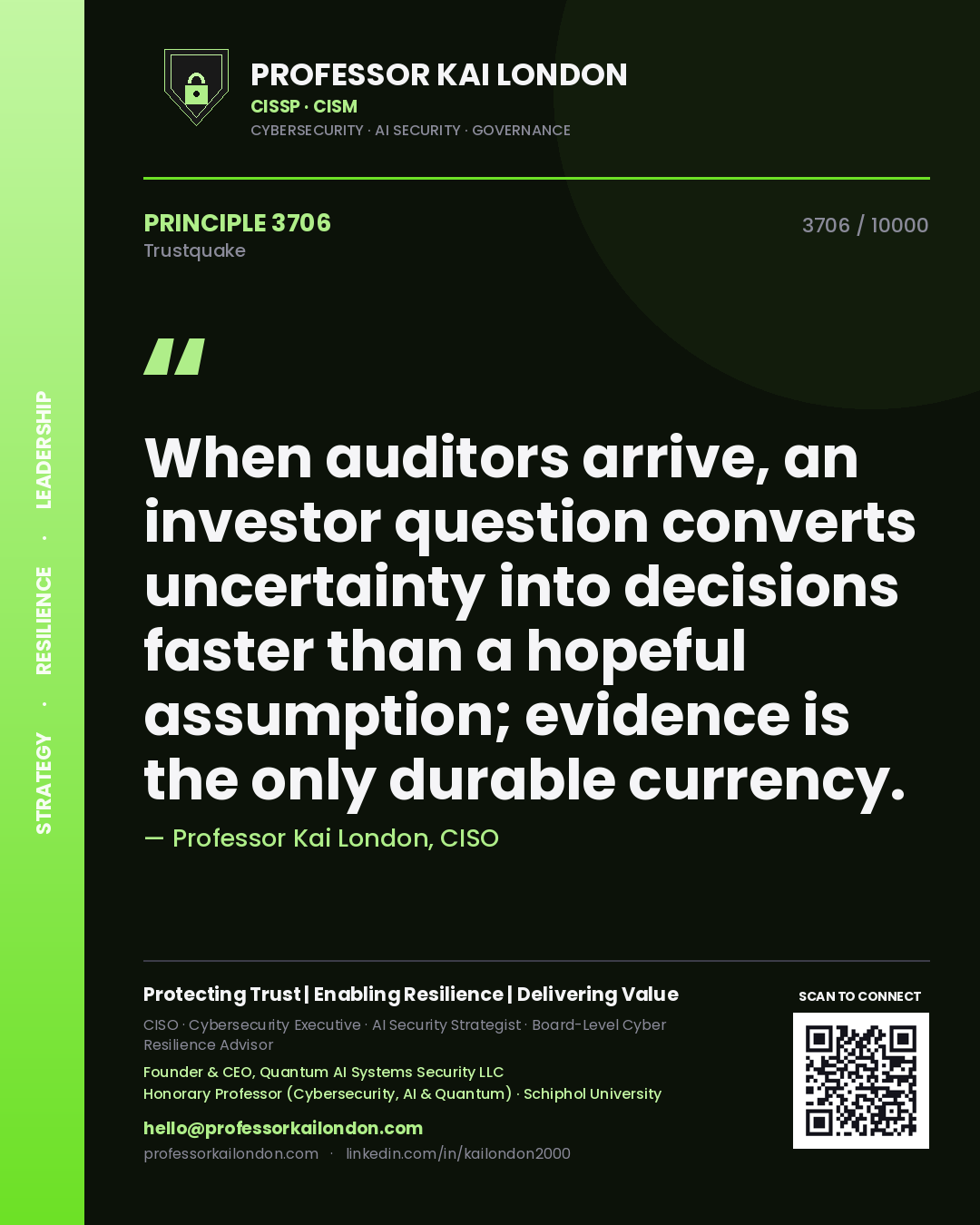 Professor Kai London principle 3706: When auditors arrive, an investor question converts uncertainty into decisions faster than a hopeful assumption; evidence is the only durable currency.