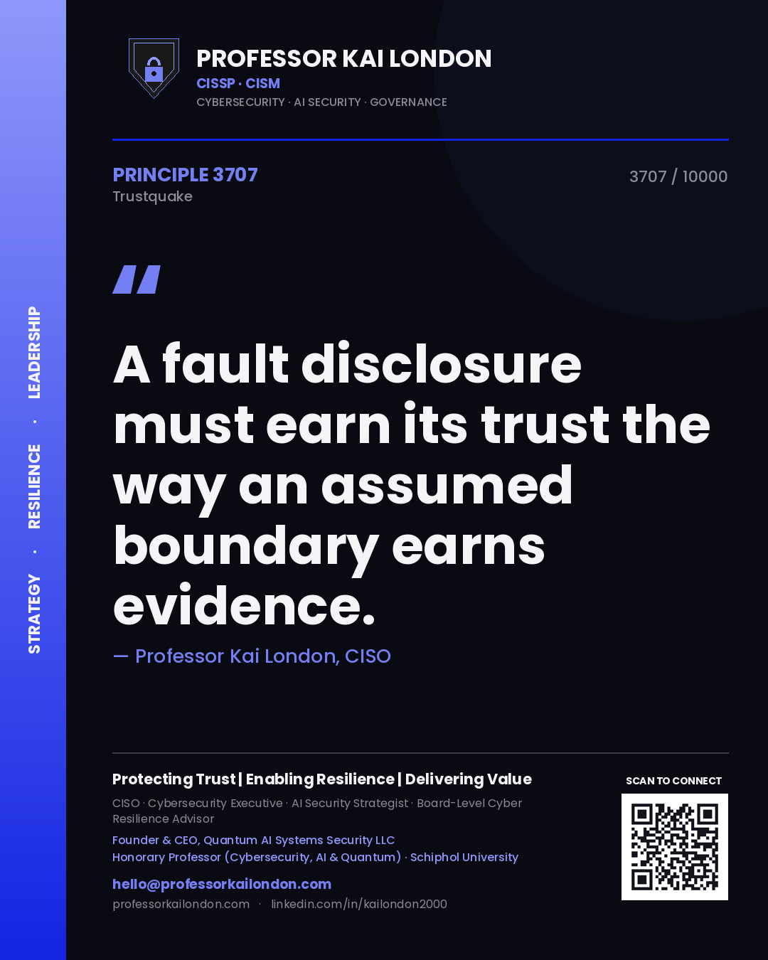 Quote card by Professor Kai London reading 'A fault disclosure must earn its trust the way an assumed boundary earns evidence.'. From the book Trustquake.