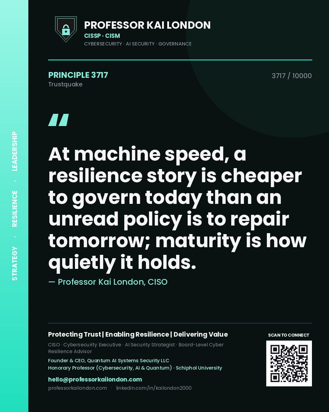 Professor Kai London principle 3717: At machine speed, a resilience story is cheaper to govern today than an unread policy is to repair tomorrow; maturity is how quietly it holds.
