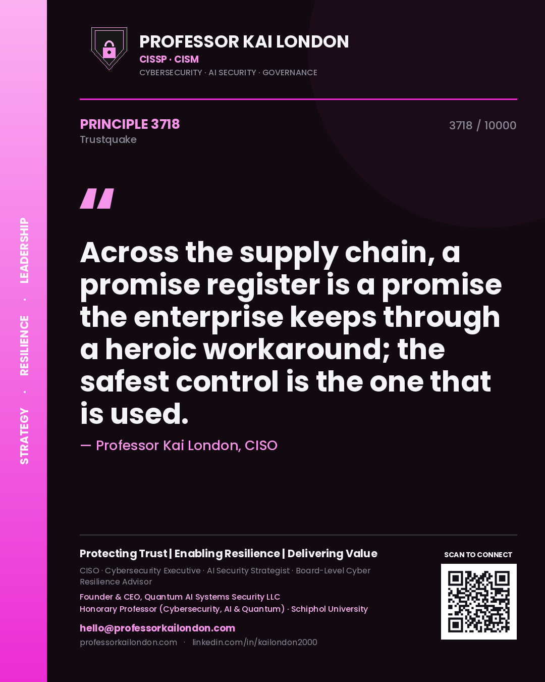 Quote card by Professor Kai London reading 'Across the supply chain, a promise register is a promise the enterprise keeps through a heroic workaround; the safest control is the one that is used.'. From the book Trustquake.