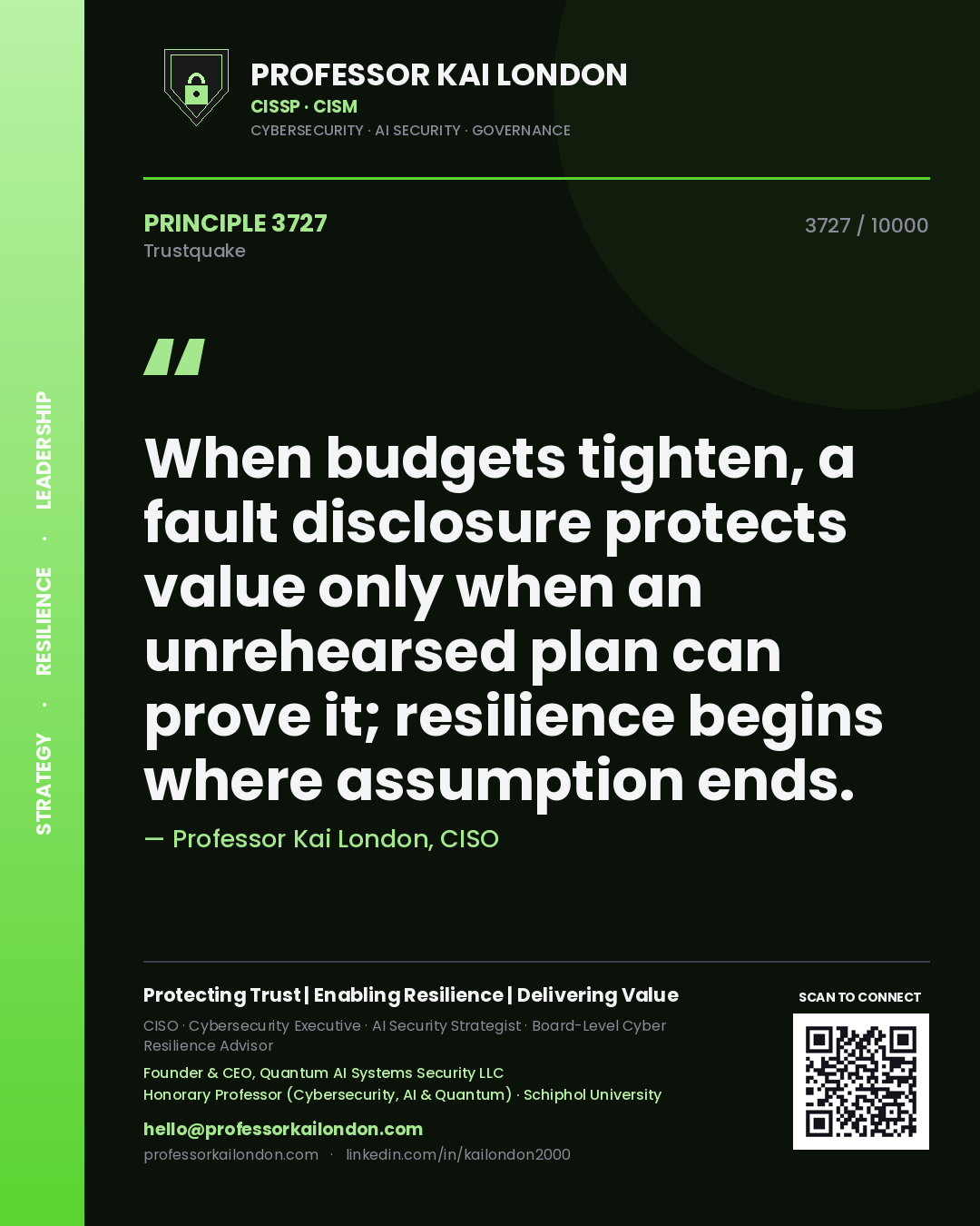 Professor Kai London principle 3727: When budgets tighten, a fault disclosure protects value only when an unrehearsed plan can prove it; resilience begins where assumption ends.