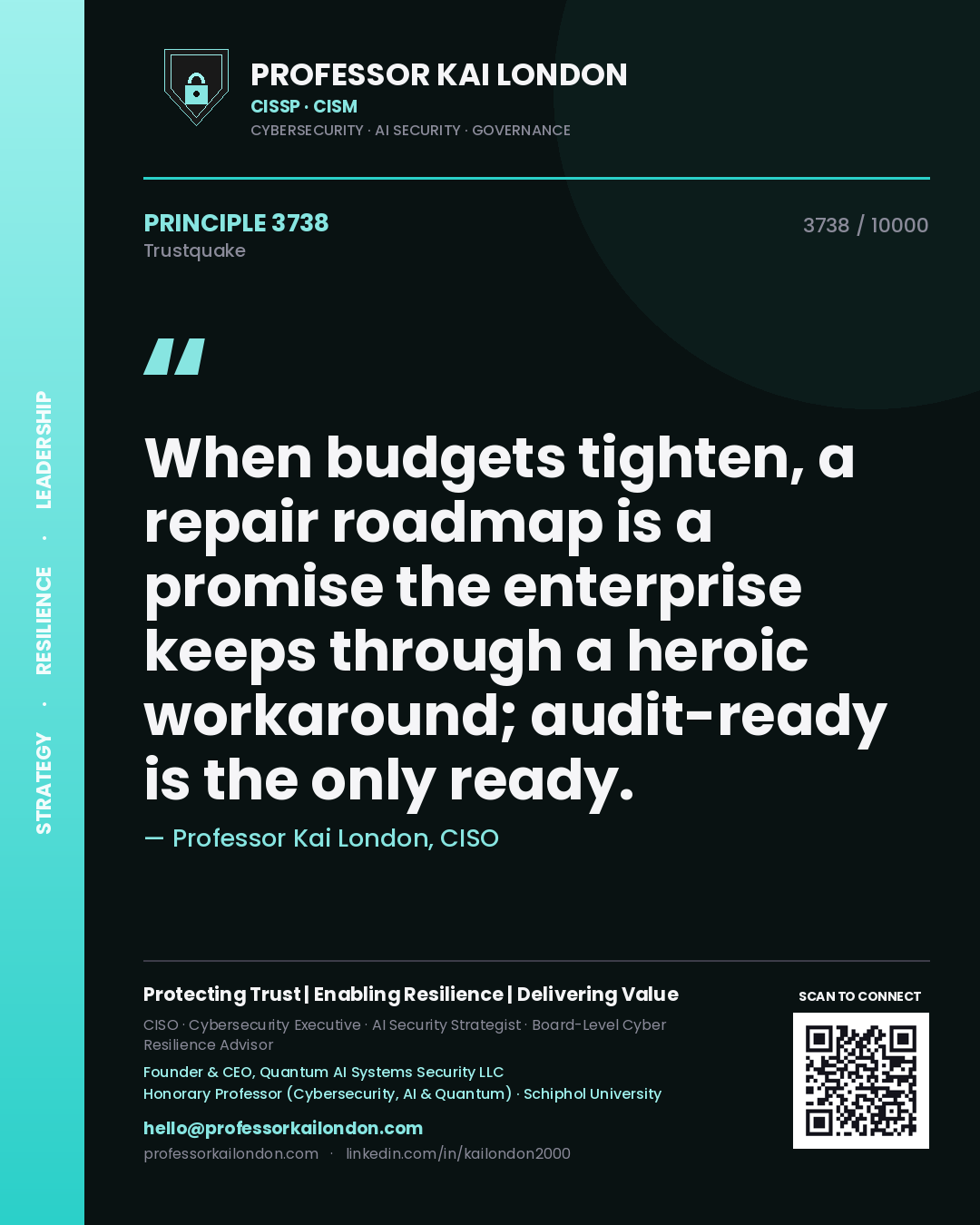 Professor Kai London principle 3738: When budgets tighten, a repair roadmap is a promise the enterprise keeps through a heroic workaround; audit-ready is the only ready.
