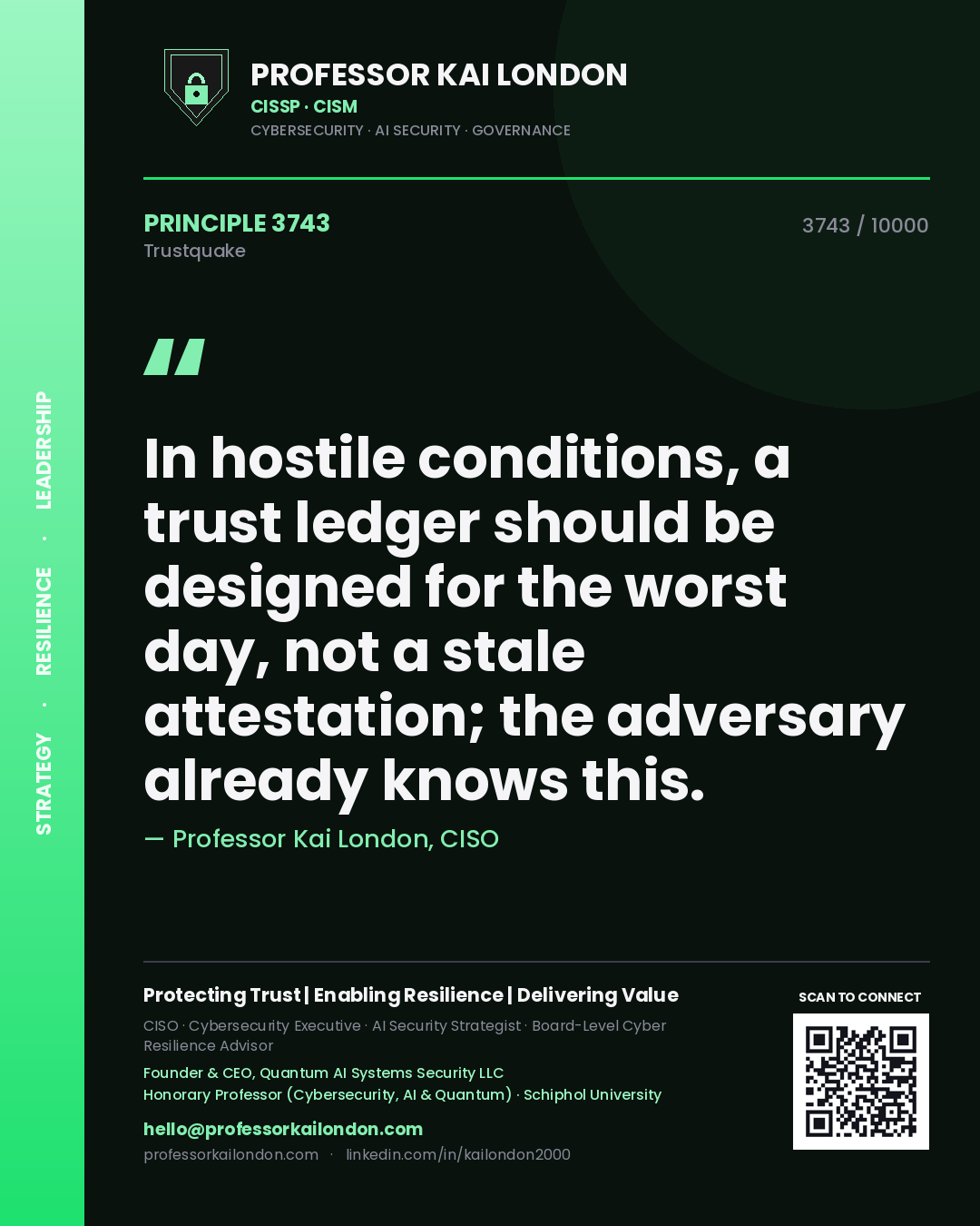 Professor Kai London principle 3743: In hostile conditions, a trust ledger should be designed for the worst day, not a stale attestation; the adversary already knows this.