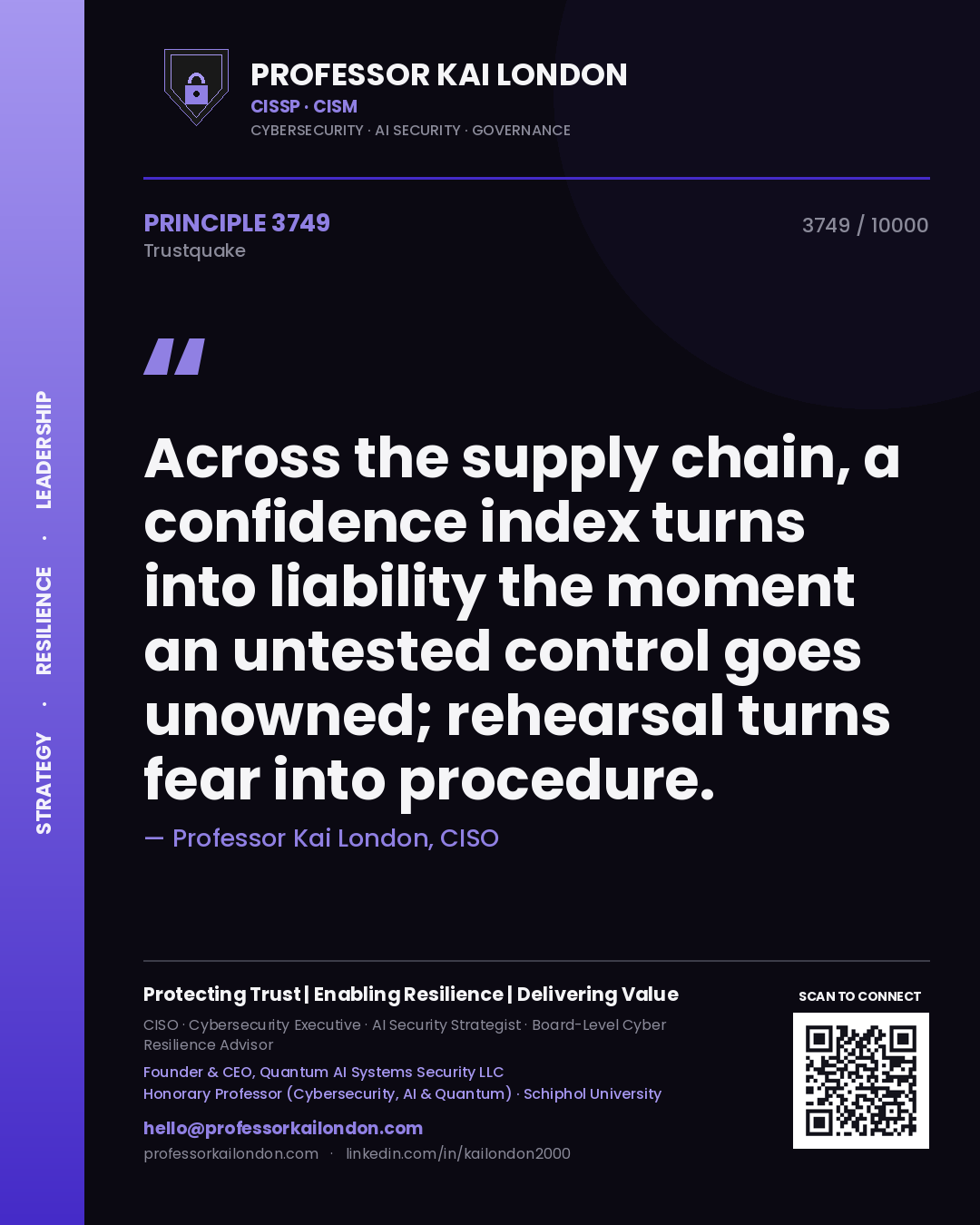 Professor Kai London principle 3749: Across the supply chain, a confidence index turns into liability the moment an untested control goes unowned; rehearsal turns fear into procedure.